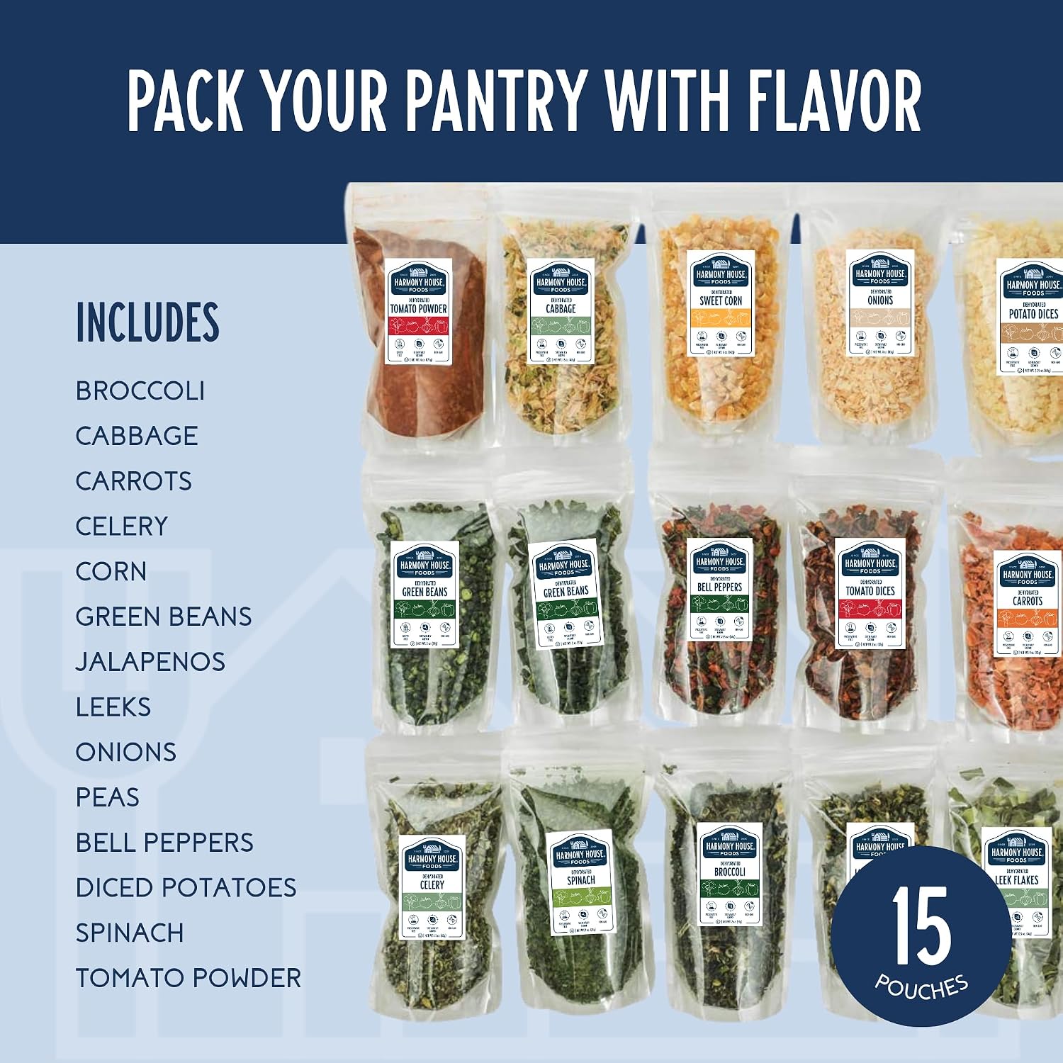 Harmony House Dehydrated Vegetable Sampler – 15 Count Variety Pack, Resealable Zip Pouches, For Cooking, Camping, Emergency Supply and More