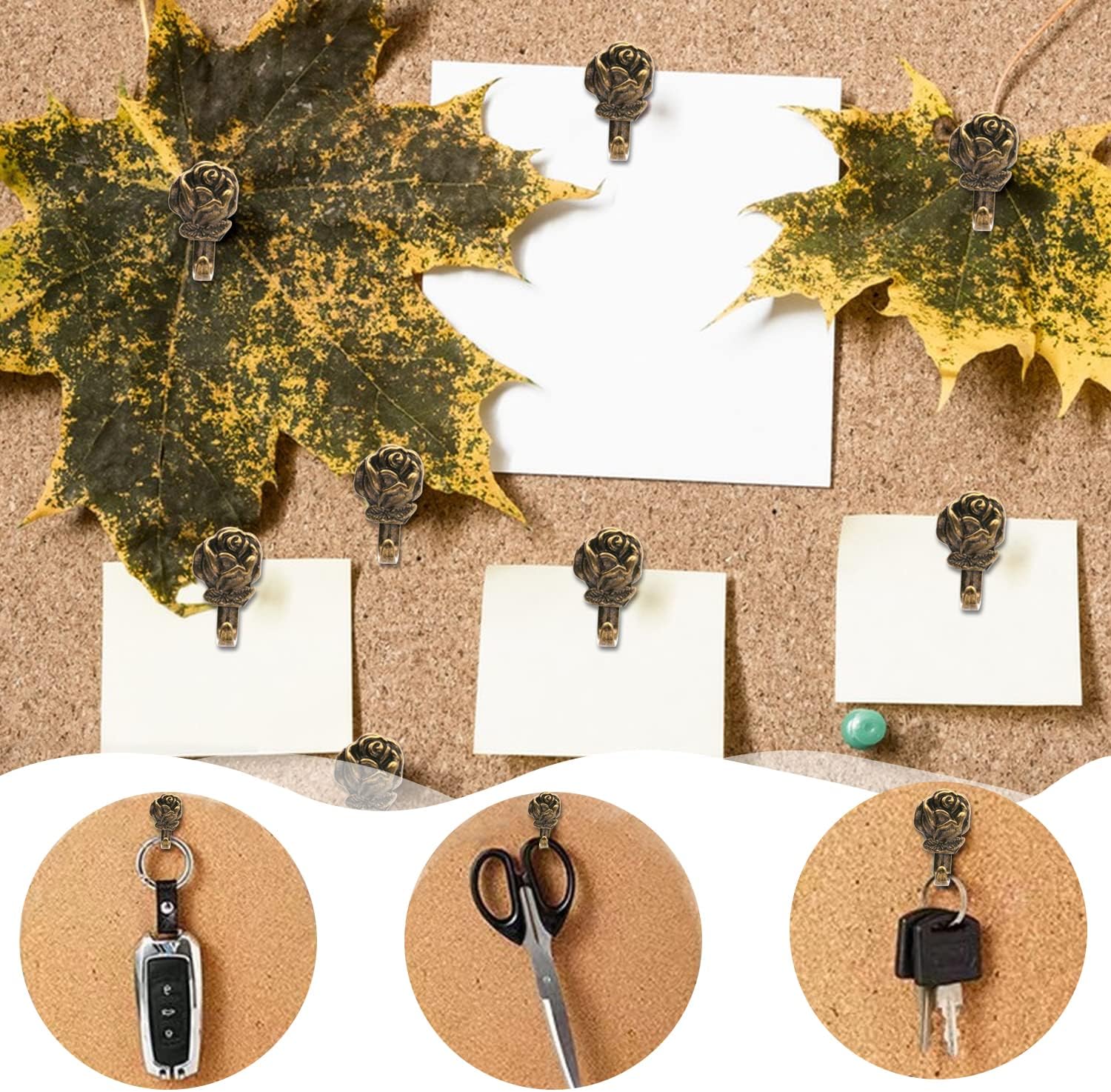 Rose Shape Push Pin Hangers Wall Hooks (12 - Pack, Antique Brass)