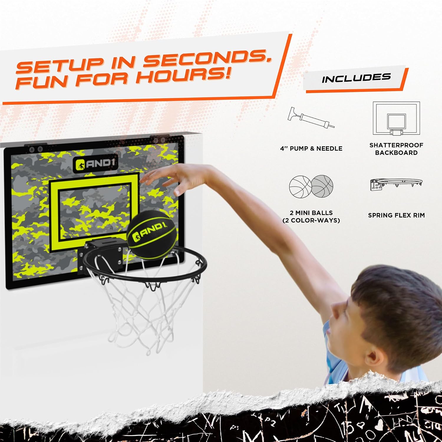 AND1 Over the Door Mini Basketball Hoop: 18x12 Shatterproof Backboard, 2 Mini Basketballs