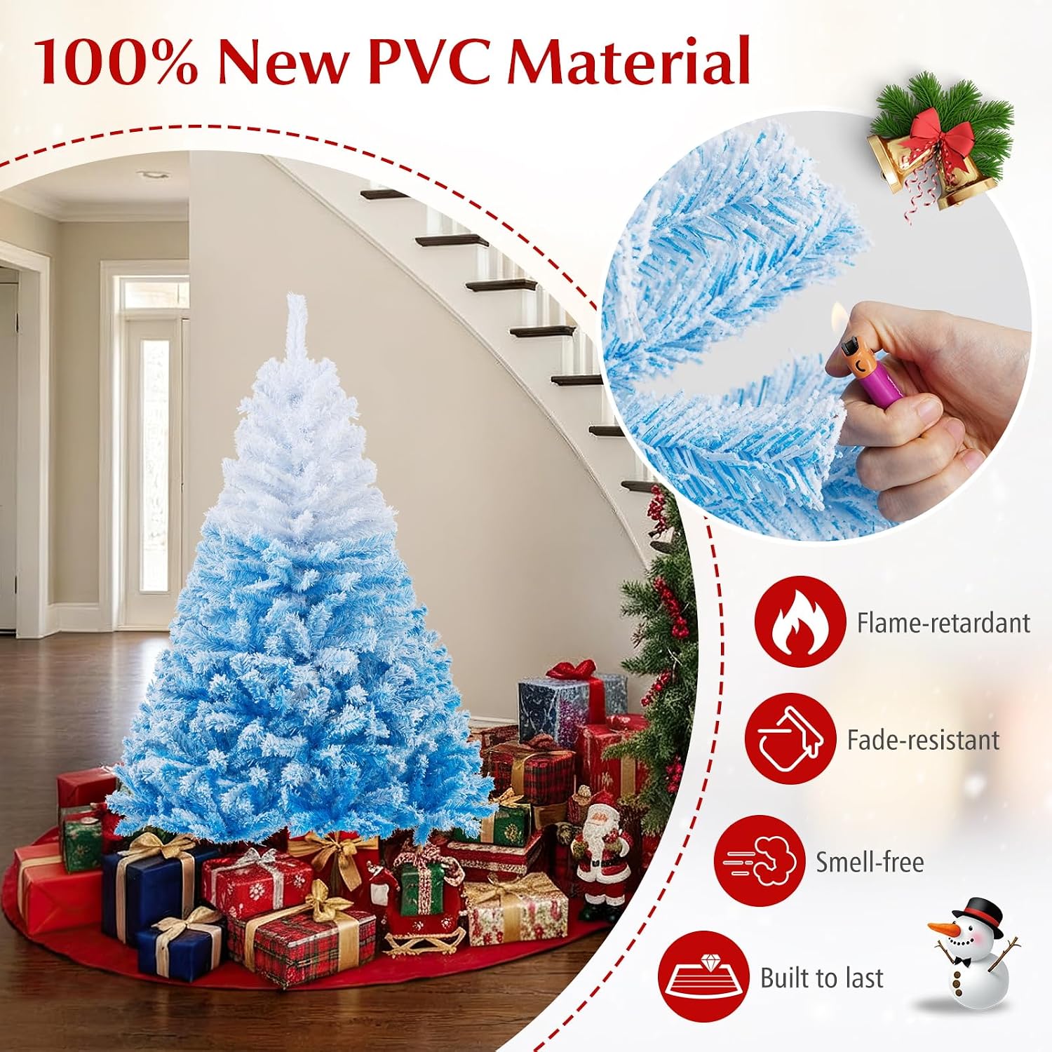 Goplus 7.5ft Pre-Lit Artificial Christmas Tree, Premium PVC Snow Flocked Hinged Pine Tree with Metal Stand and LED Lights