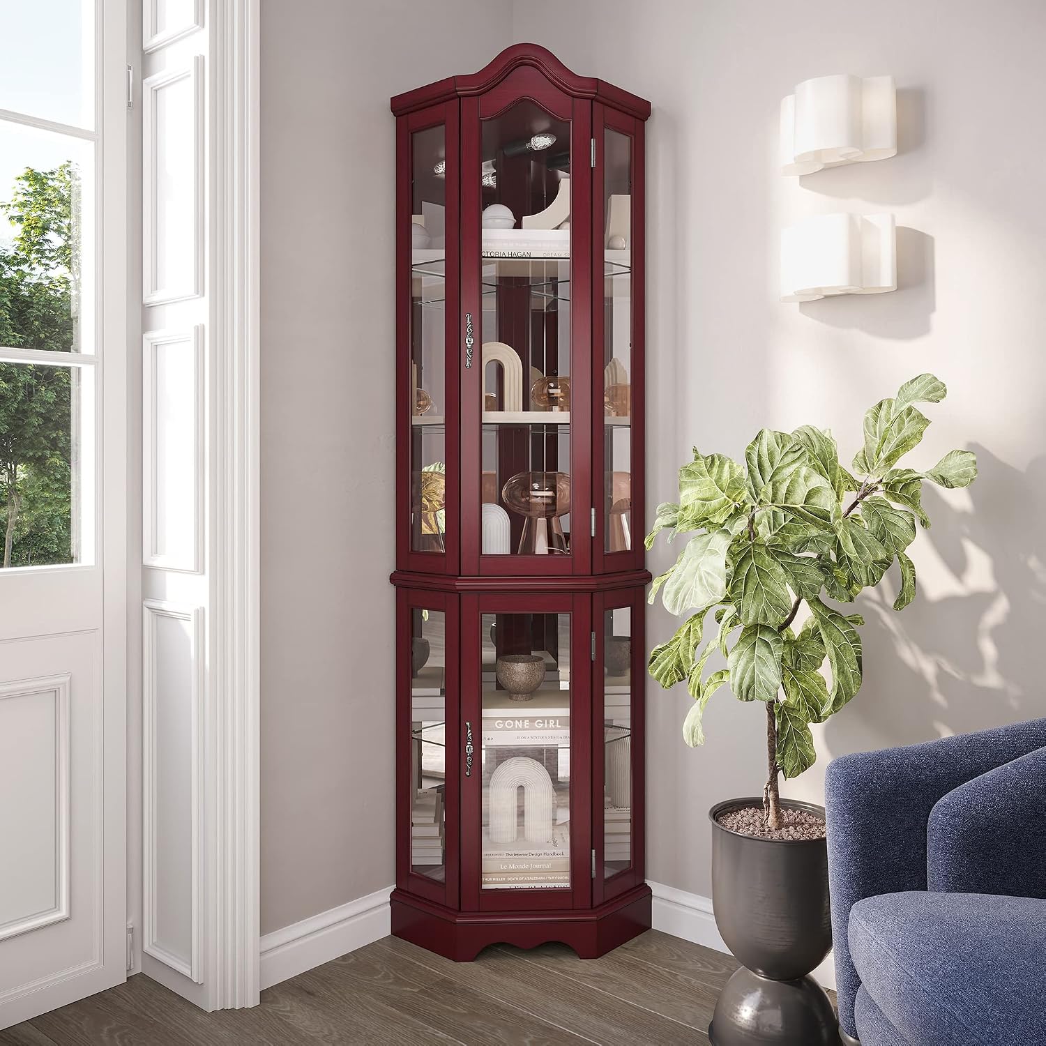 BELLEZE Lighted Corner Display Curved Top Curio Cabinet Wooden Shelving Unit with Tempered Glass Door