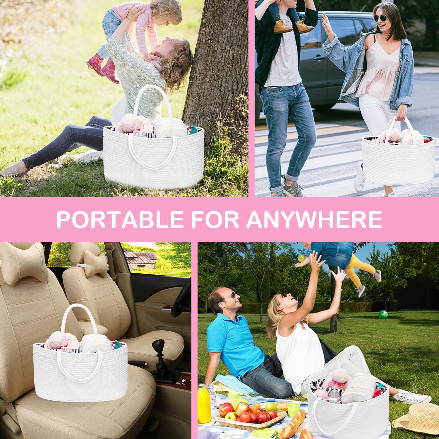 ABenkle Baby Diaper Caddy, Nursery Storage Bin and Car Organizer for Diapers and Baby Wipes, Cotton Rope Diaper Basket Caddy