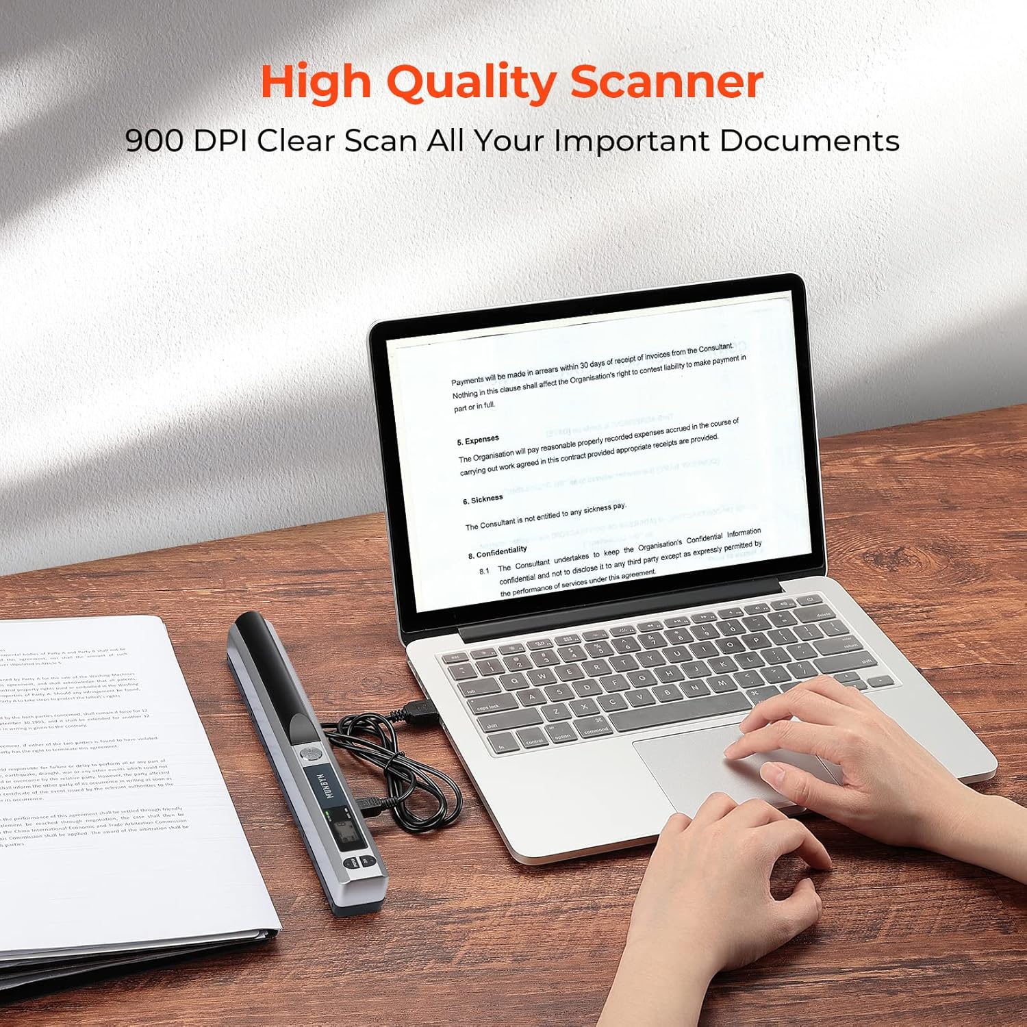 MUNBYN Portable Scanner, 900 DPI Handheld Wand Scanner, A4, 16GB SD, Black | A4 document/photo scanning, JPG/PDF output, flat scanning, USB transfer to PC/laptop, 16GB SD card included, no driver needed