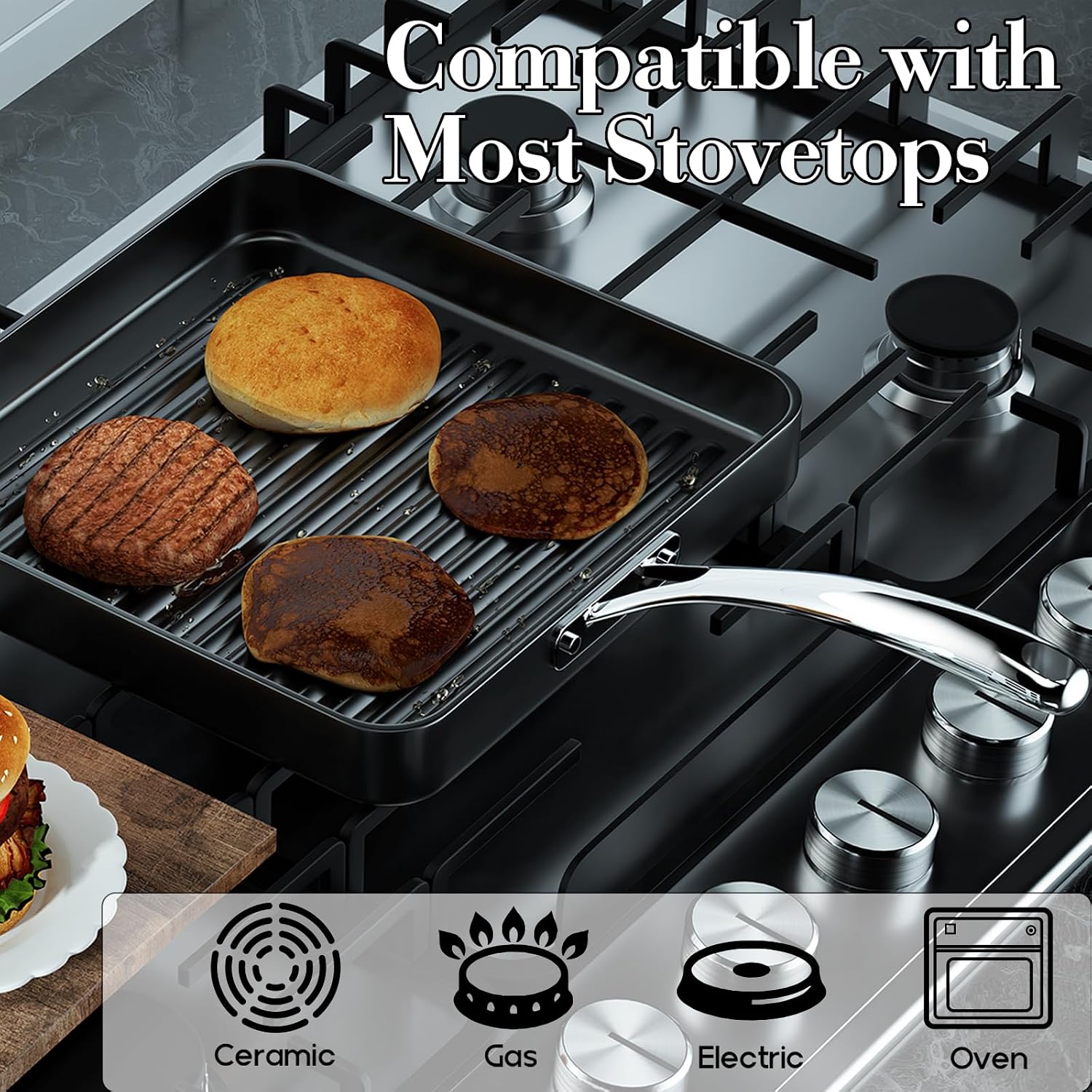 Cooks Standard 11-Inch Square Nonstick Grill Pan for Stovetop | Hard Anodized Grilling Pan for Indoor & Outdoor, Ribbed Surface, Stay-cool handle