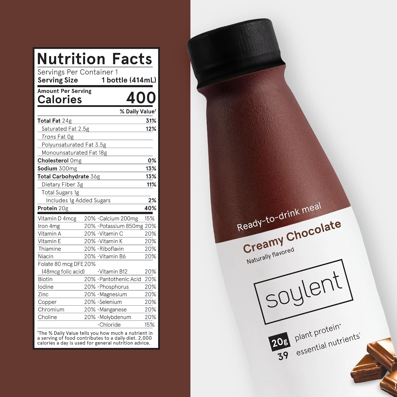 Soylent Creamy Chocolate Meal Replacement Shake, Ready-to-Drink Plant Based Protein Drink, Contains 20g Complete Vegan Protein and 1g Sugar, 14oz