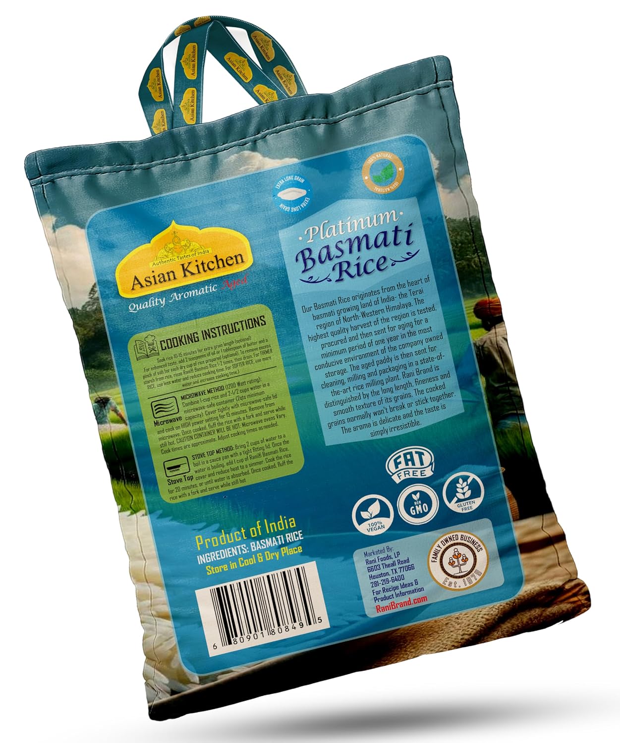 Asian Kitchen Platinum White Basmati Rice Extra Long Aged 20lbs (9.08kg) ~ All Natural | Gluten Friendly | Vegan | Indian Origin | Export Quality