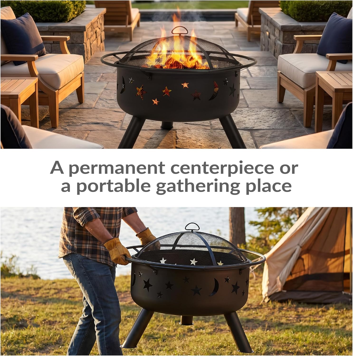Sunnydaze Cosmic 30" Fire Pit with Cooking Grate for Outside, Wood Burning | Bronze, Heavy Duty Steel Metal, Includes Spark Screen & Poker, Round Outside Firepit for Patio, Deck, Backyard BBQ, Bonfire
