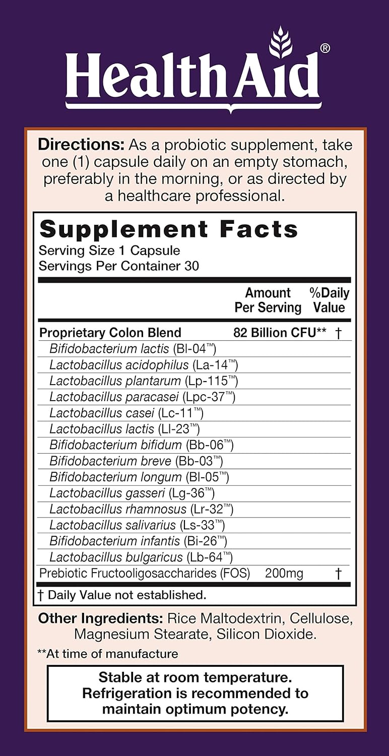 HealthAid ColonProbio – 82 Billion CFU Probiotic with Prebiotic, High Bifido Formula, 14 Strains, Once Daily