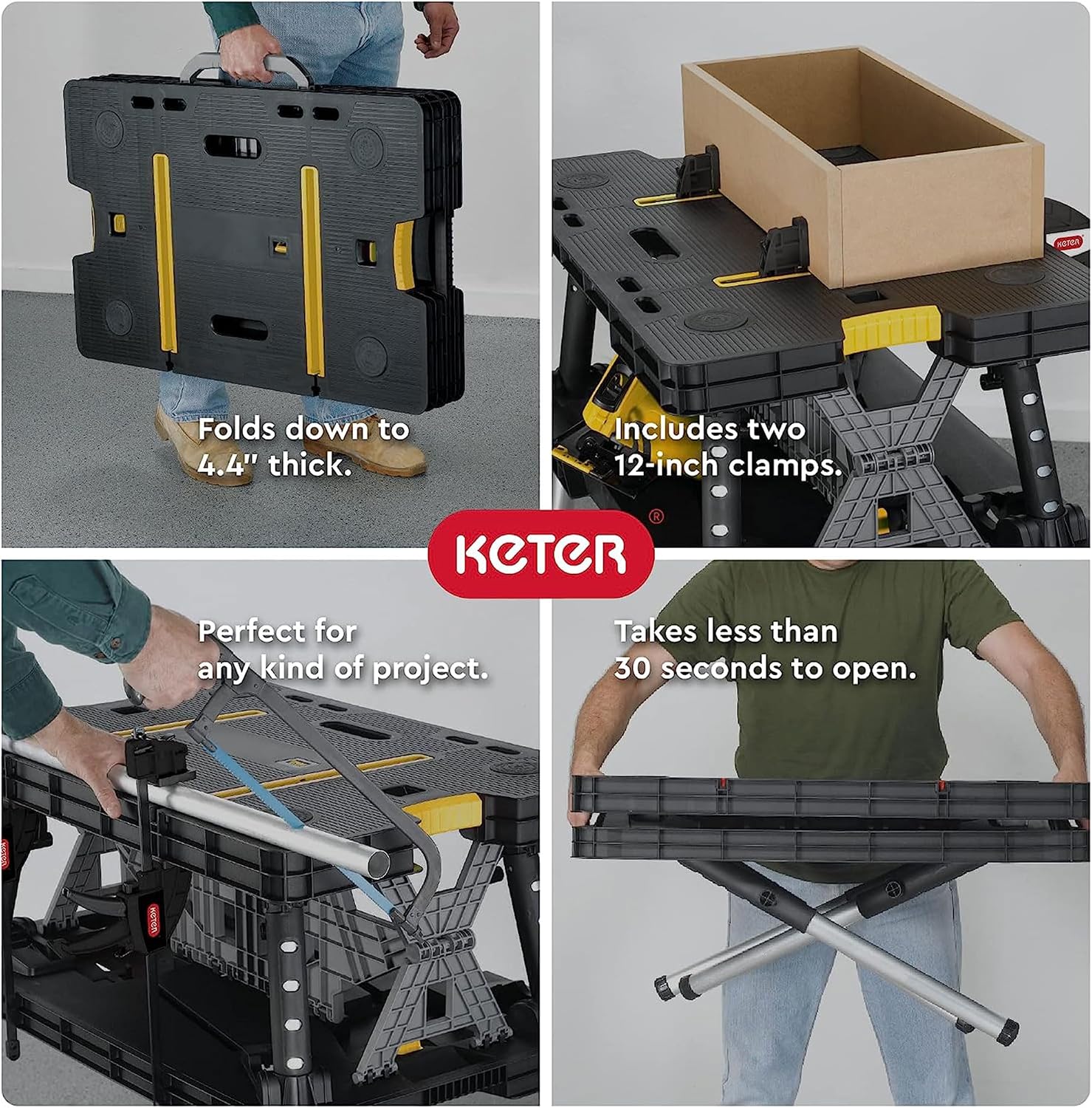 Keter Heavy-Duty Folding Workbench with 1,000 Pound Capacity | Foldable Work Table with 12 Inch Adjustable Clamps for Garage and Outdoor Workshop, Home Improvement, and Construction