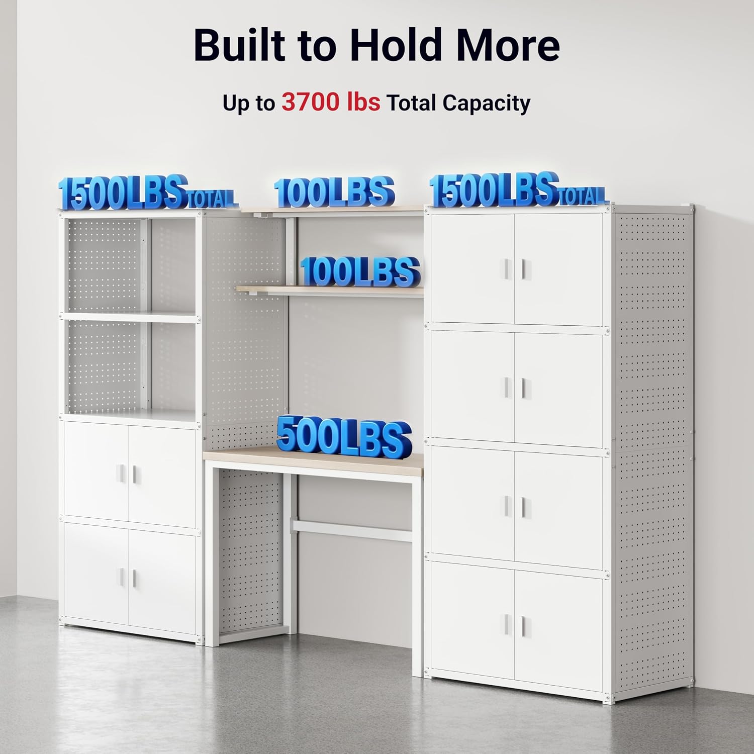FLEXIMOUNTS 117"W Modular Garage Storage Cabinet with Workbench, Black | 6 Doors, 3700lbs capacity, Metal board shelf includes pegboard, 3-in-1 metal tool cabinet, 24-gauge steel, FLEXIMOD Series