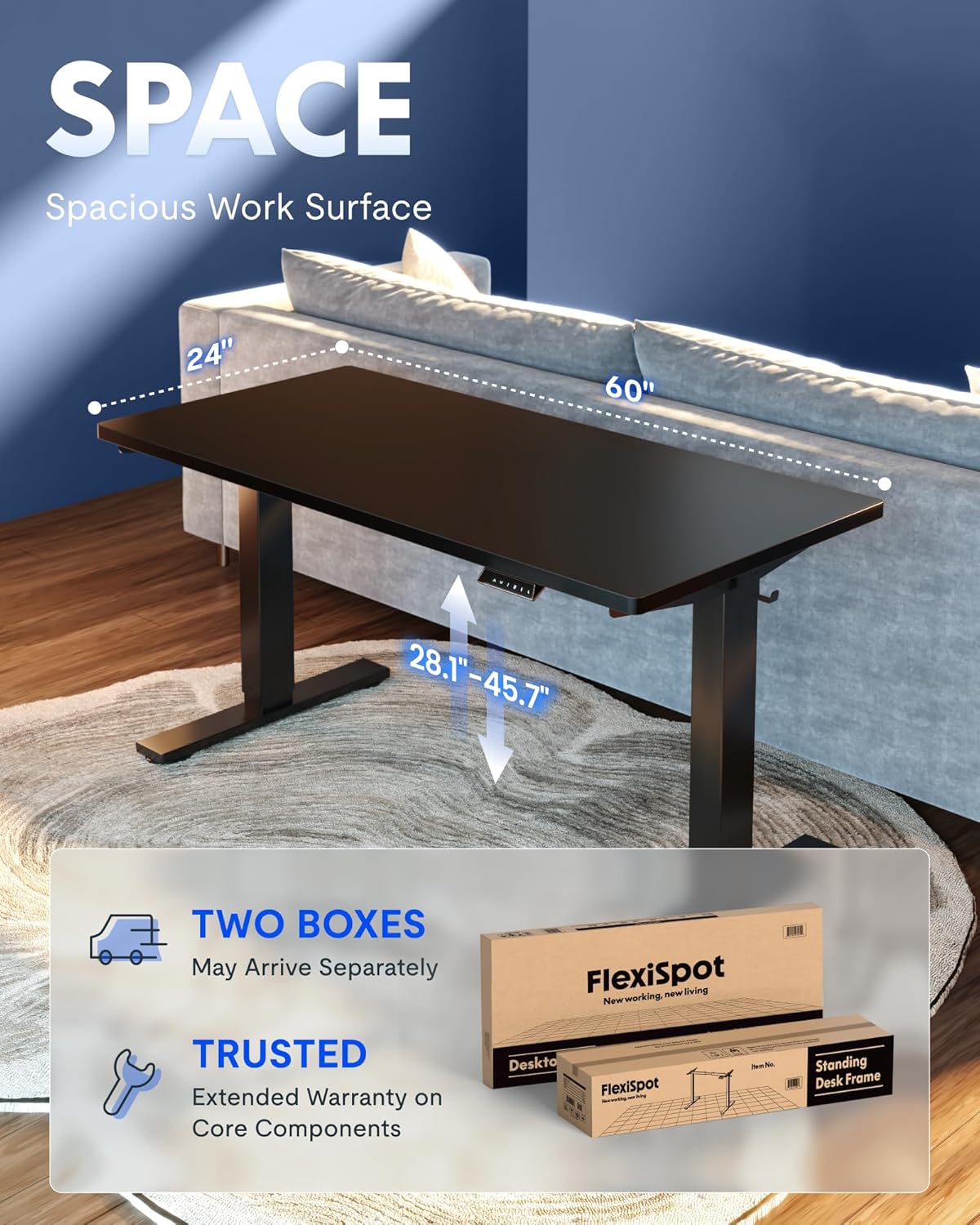 FLEXISPOT EN1 One-Piece Standing Desk, Electric Adjustable with 4 Memory Presets, 176 LBS Capacity, Stable & Quiet