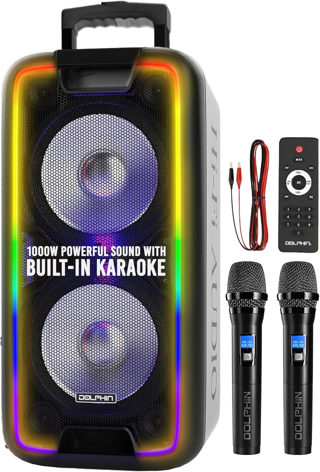 Dolphin Bluetooth Party Speaker with 2 Wireless Mics, Dual 10" Woofers | 1000W Output, SD/FM/USB/AUX/RCA, Guitar & Mic Inputs, Multicolor LED Lights