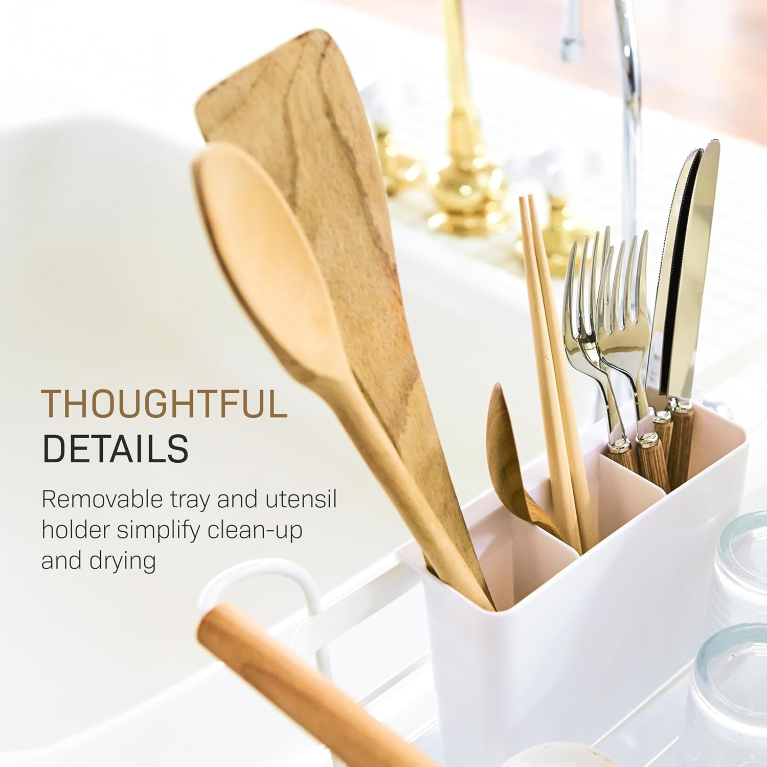 YAMAZAKI Home Dish Drying Rack – Modern White Dish Rack for Kitchen Counter with Removable Drying Tray and Cutlery Holder, Steel + Wood Dish Drying Organizer - Steel + Wood - | Modern dish drying rack organizer with steel and wood construction. Small spa…