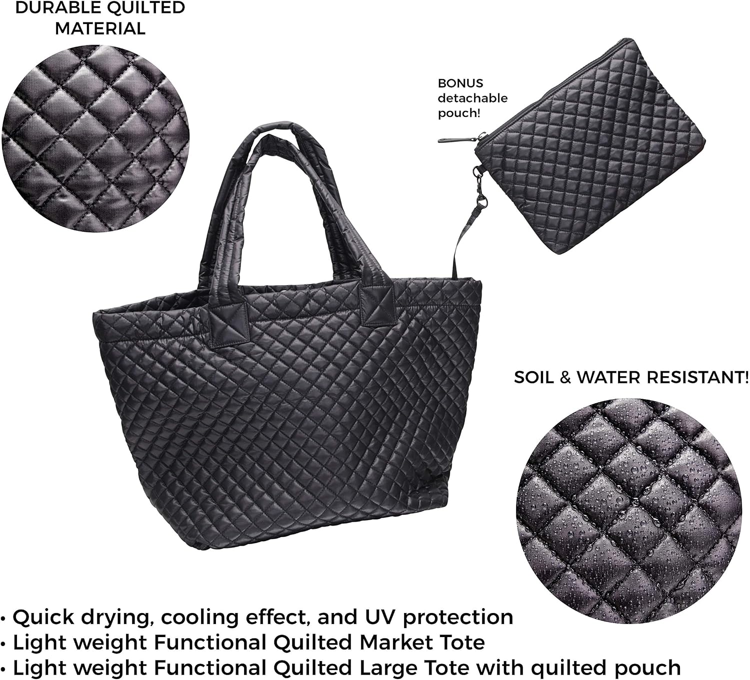 Comfortable Lightweight Large Quilted Zipper Tote with Pouch water repellent Black