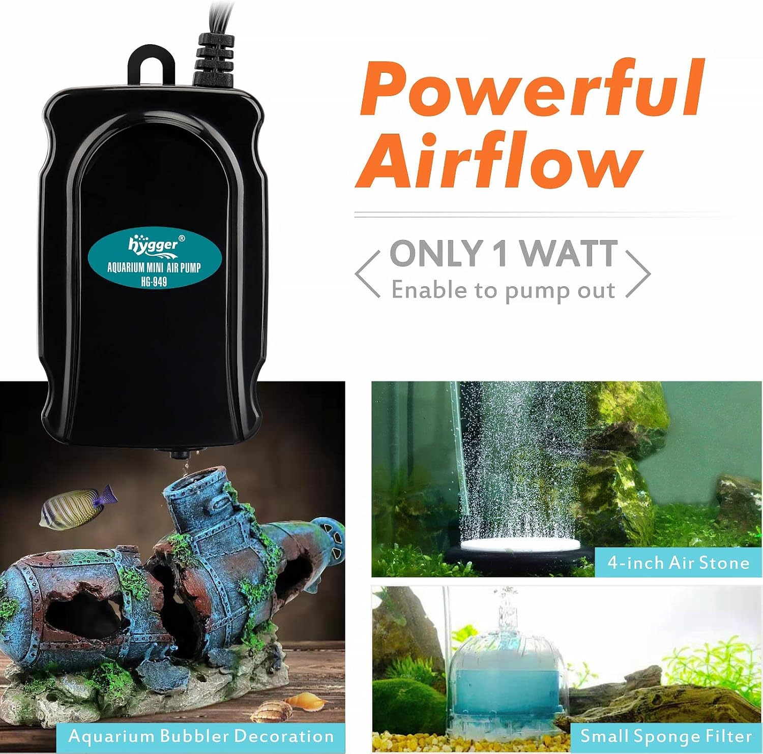 hygger Mini Aquarium Air Pump Kit Small Fish Tank Air Pump 1W for 2-20 Gallon Fish Bowl with Air Tube Air Bubbler Stone Check Valve