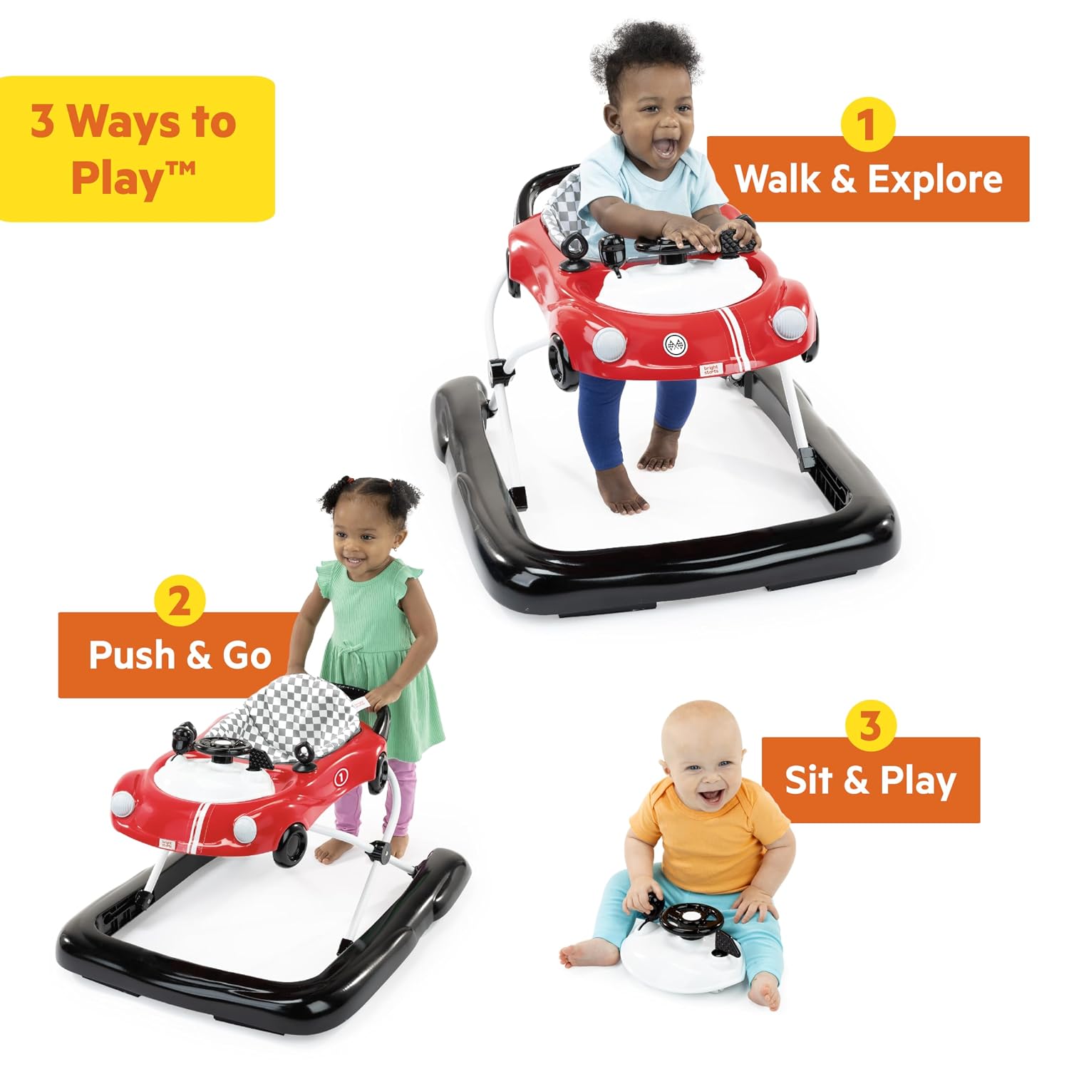 Bright Starts JuneBerry Walk-A-Bout Baby Walker and Entertainer, with Easy Fold Frame for Storage, Ages 6 Months +