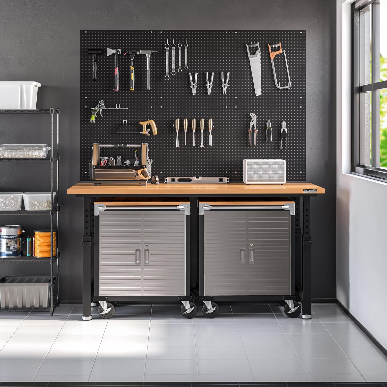 Seville Classics UltraHD Heavy Duty Rolling Cabinet Workbench Table w/Solid Wood Top, Workstation for Garage, Office, Workshop, Granite, 6-Drawer (28" W x 18" D