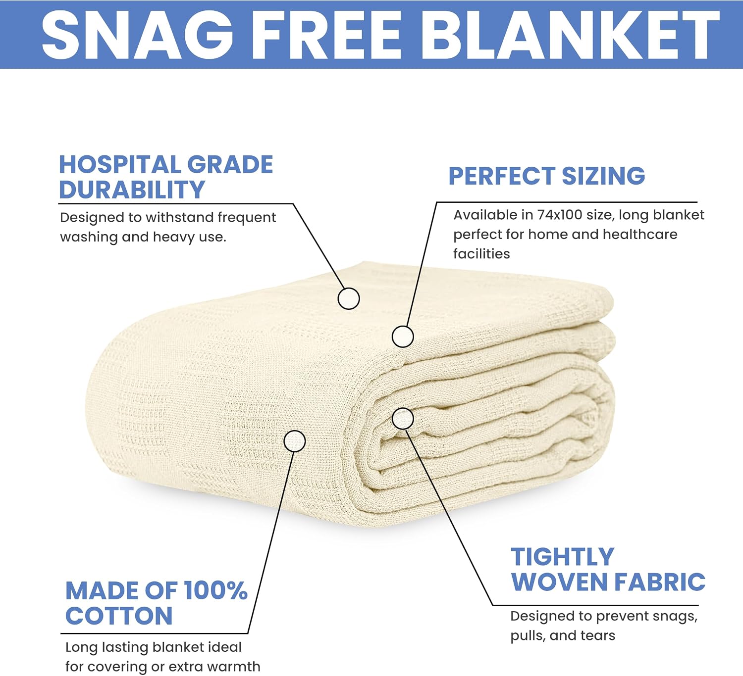 Linteum Textile Hospital Thermal SNAGLESS Spread Blanket, 100% Cotton (74x100 in, Blue)