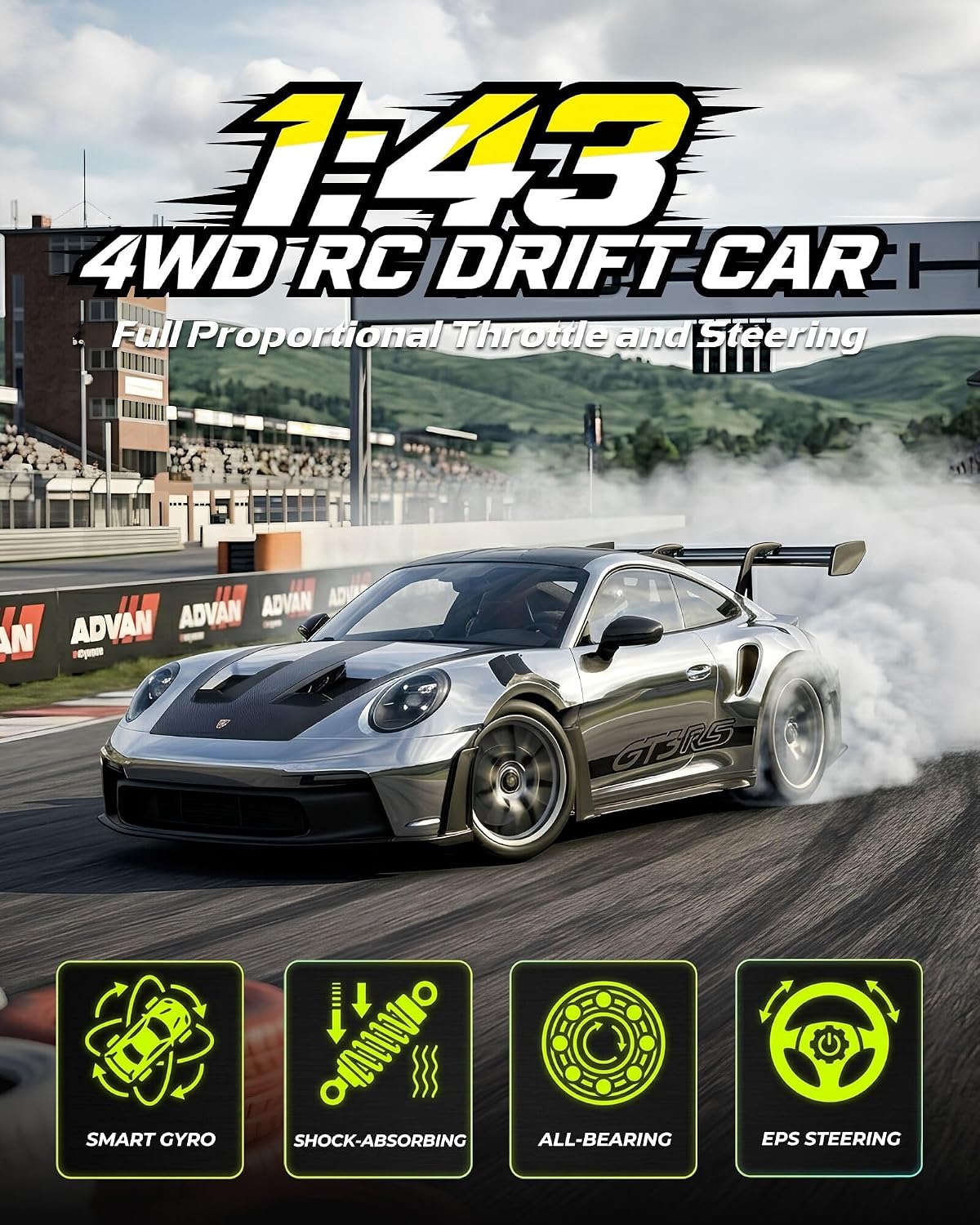 ARRIS 1/43 911 RC Drift Car 4WD with Gyro Full Proportional RTR | Alloy Body, 20KM/H Speed, Extra Drift Tires, Silent Bearings, LED Lighting