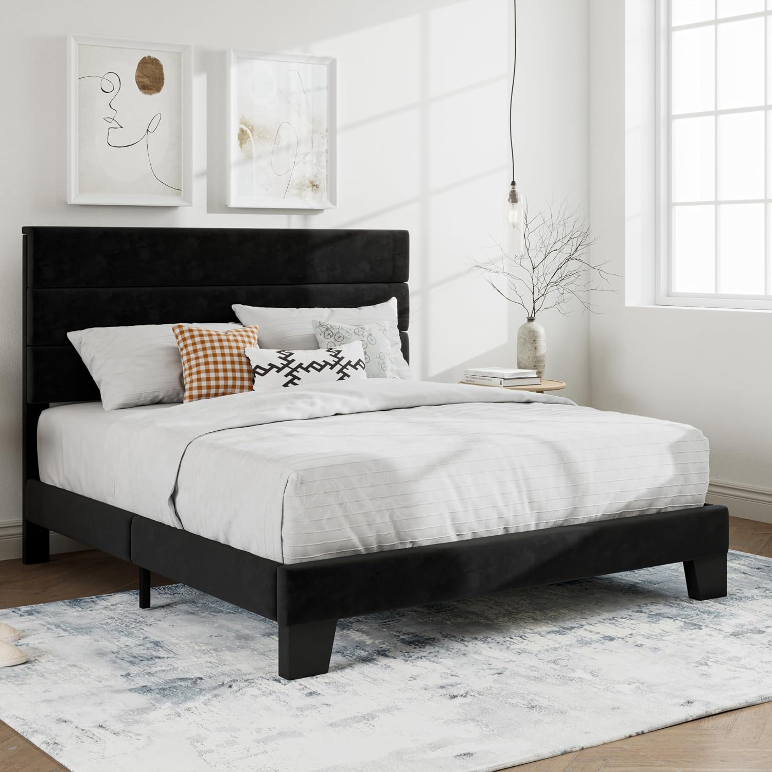 SHA CERLIN Full Platform Bed Frame with Upholstered Fabric Headboard, Grey
