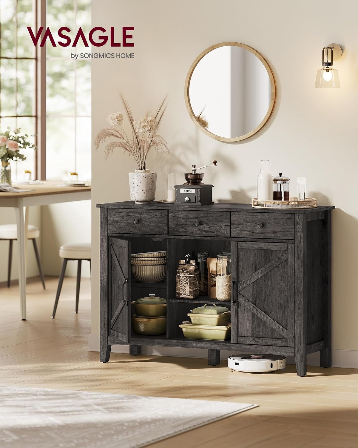 VASAGLE LIRY Collection - Storage Cabinet, Buffet Cabinet, Sideboard, Credenza, with Adjustable Shelves, for Entryway, Rustic White and Honey Brown ULSC381W01