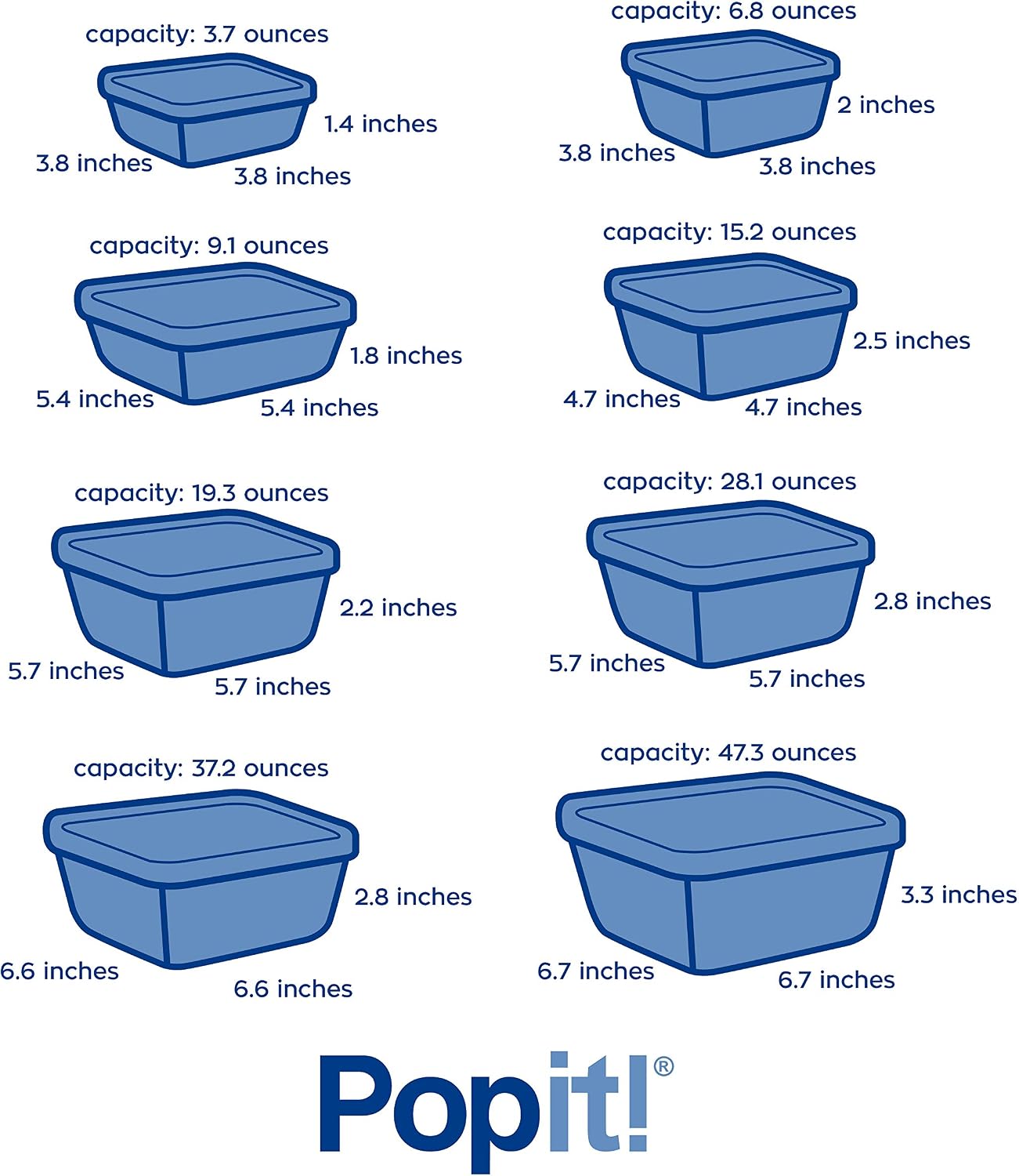 Popit! Airtight Food Storage Containers with Lids, 8-Piece Set, BPA Free Plastic, Microwave, Freezer & Dishwasher Safe, Stackable