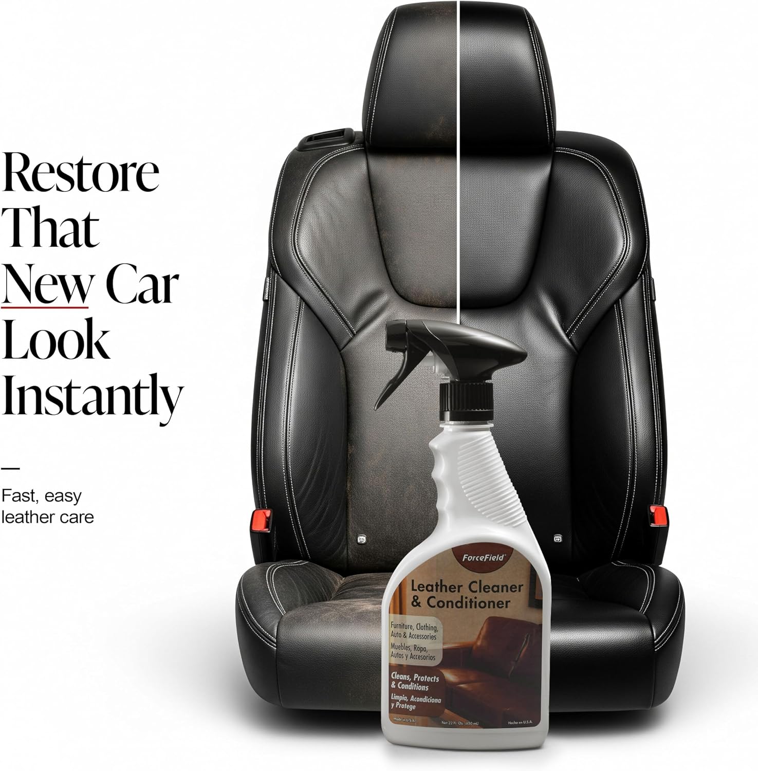 ForceField 2-in-1 Leather Cleaner & Conditioner (22oz) - Restores Natural Oils, Removes Stains and Hides Scuffs - Safe for Finished Leather
