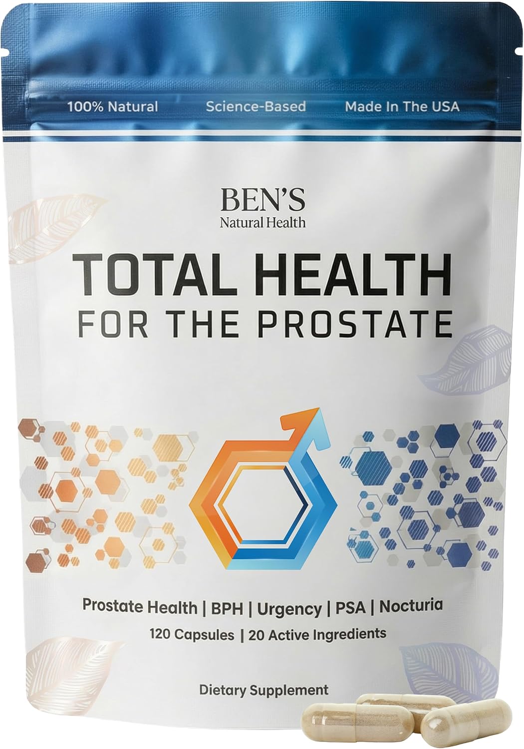 Ben's Natural Health Total Health for the Prostate Supplement with Beta Sitosterol Vitamins C, D, E, Zinc and Turmeric, 120 Vegicaps
