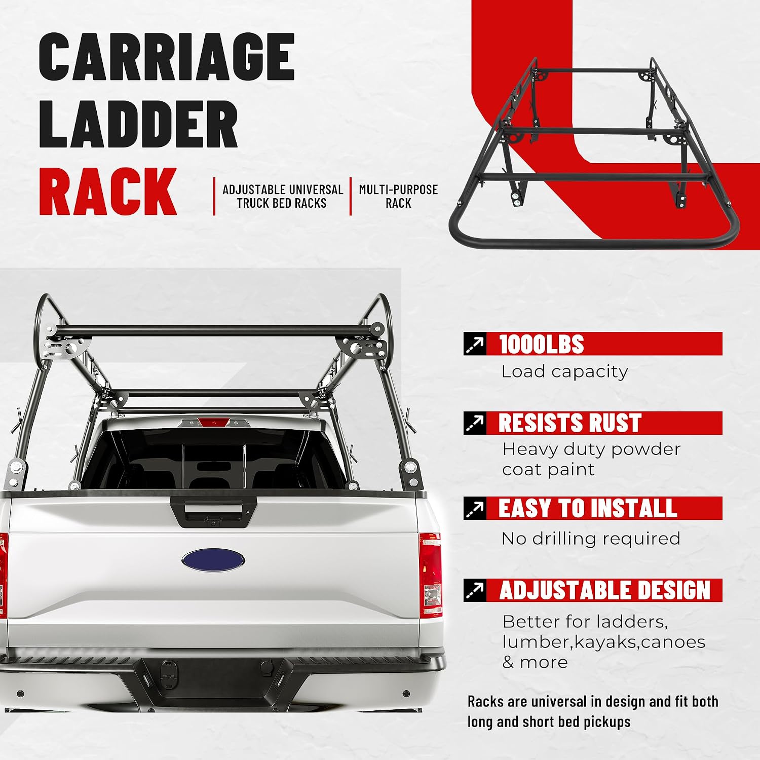 ECOTRIC 1000 LBS Adjustable 58"-69" Universal Truck Bed Rack Contractor Ladder Pickup Lumber Utility Kayak Full Size Rack 60"(W) x 138"(L) x 34"(H)