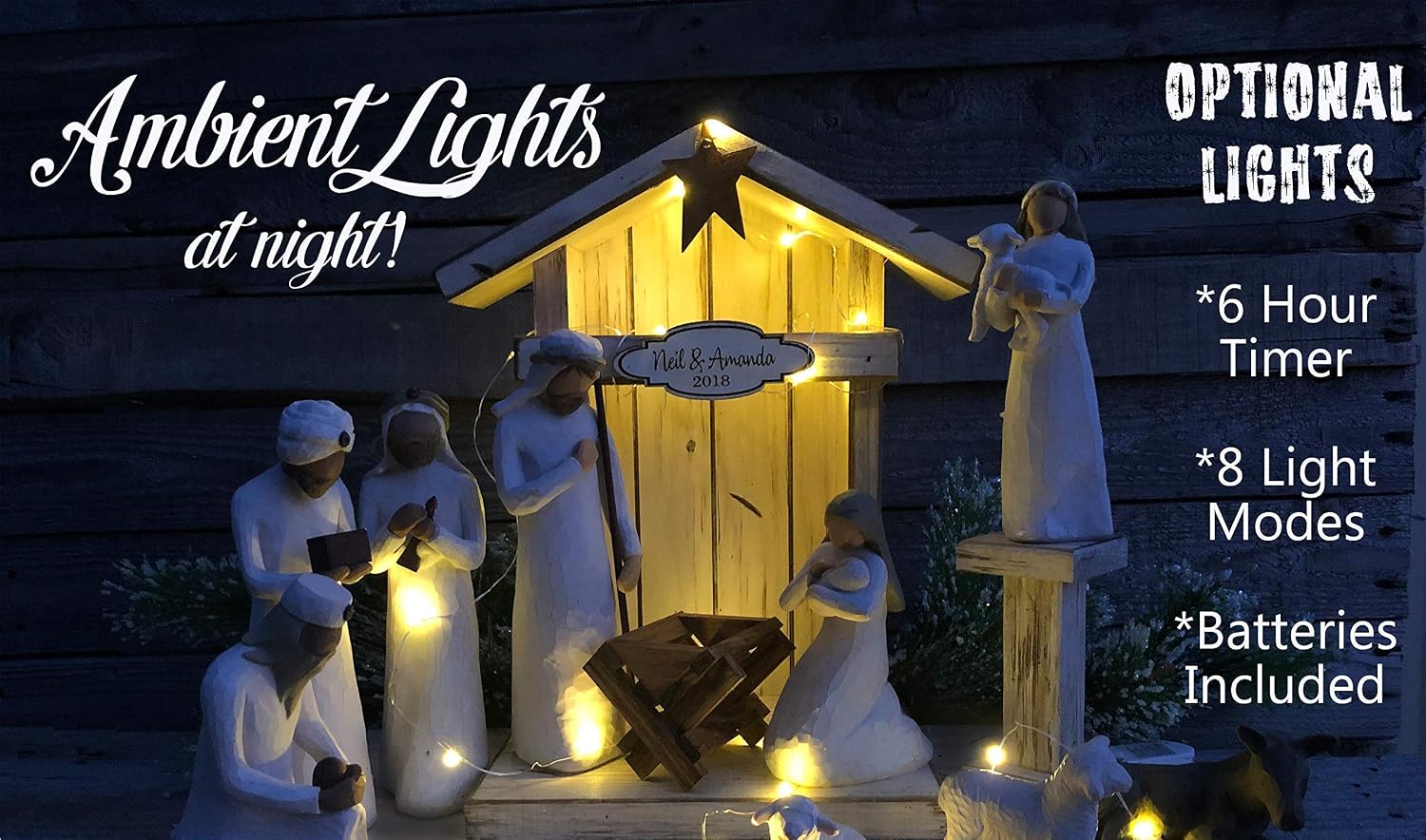 Stable Creche for Nativity Fireplace Mantle Wood (Fits Willow Tree Figures) *Christmas Decor Accessories Available- Personalized Sign Baby Manger