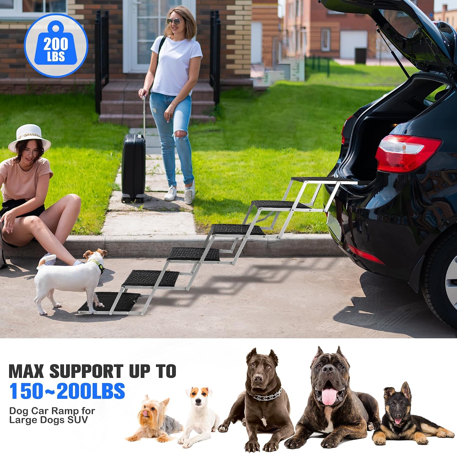 Foldable Dog Stairs for Car,17" Extra Wide Pet Ramp for Large Dog,6 Steps | 17" Extra Wide 200LBS Capacity Lightweight Portable Reinforced Pet Ramp for SUV Truck High Bed