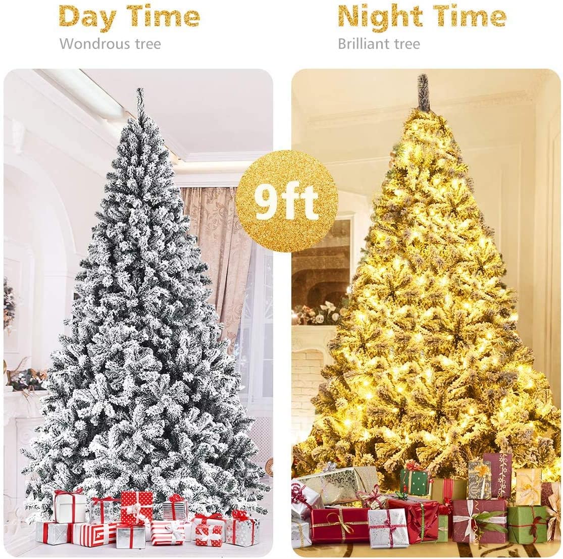 ReunionG 7.5FT Snow Christmas Tree, Artificial Flocked Hinged Pine Tree, Holiday Decoration Tree with Premium PVC Needles and Solid Metal Stand