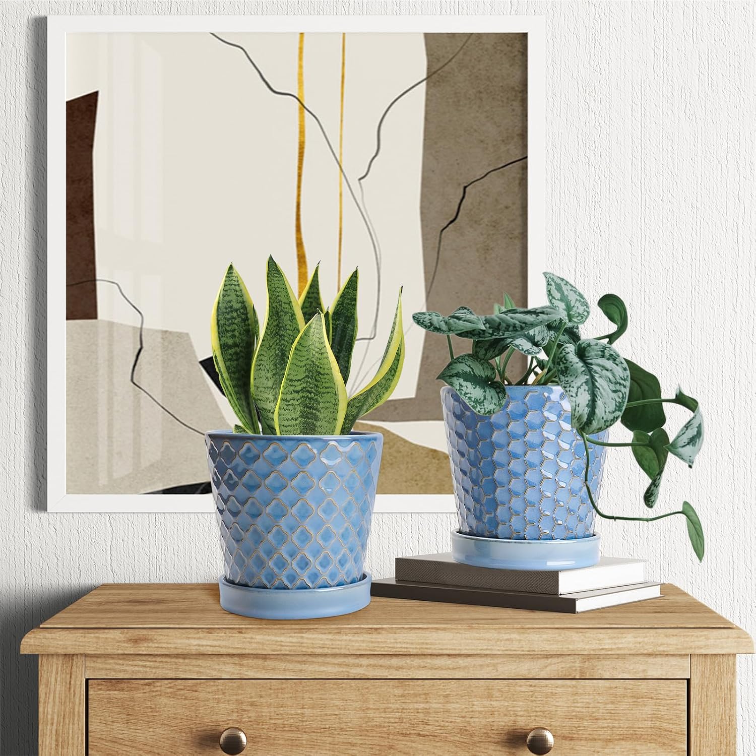 EFISPSS Ceramic Plant Pots, 5 Inch Planters with Drainage Holes and Ceramic Tray, Relief Design Flower Planter