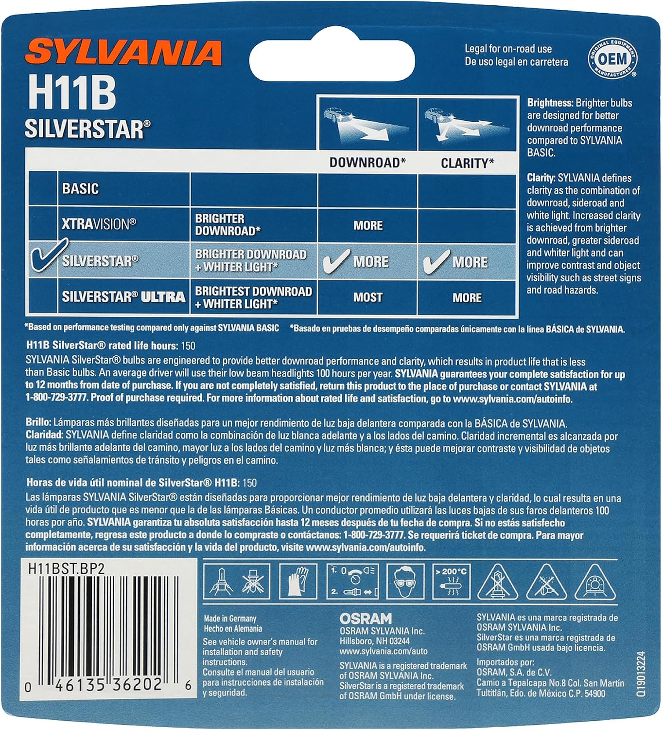SYLVANIA - H11B SilverStar - High Performance Halogen Headlight Bulb, High Beam, Low Beam and Fog Replacement Bulb