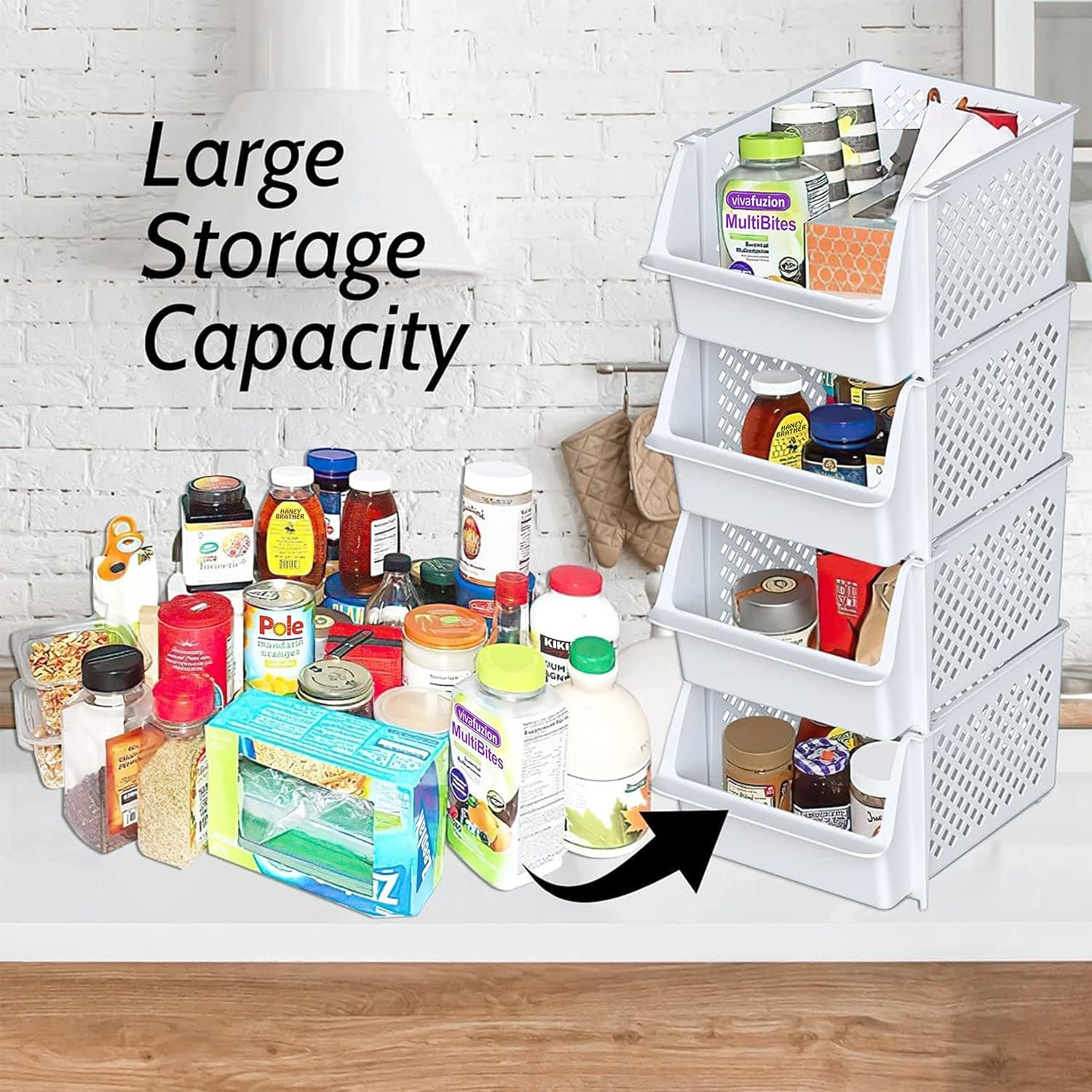 Skywin Stackable Storage Bins Open Front for Pantry Storage, 4 Pack - Black
