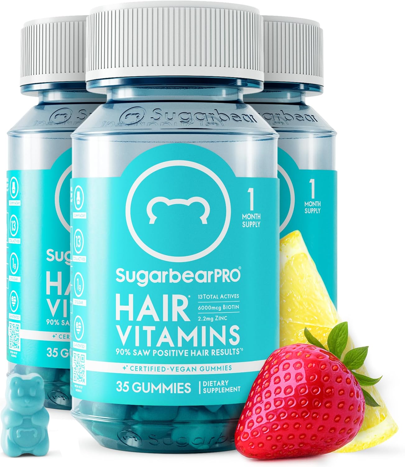 SugarbearPRO Hair Vitamin Gummy 2 Month Supply Extra Strength Biotin 6000mcg, Growth for Men & Women, Vegan Vitamin B12, MSM, Inositol, Omega 3, Elderberry, Certified Kosher, Halal, Cruelty-Free