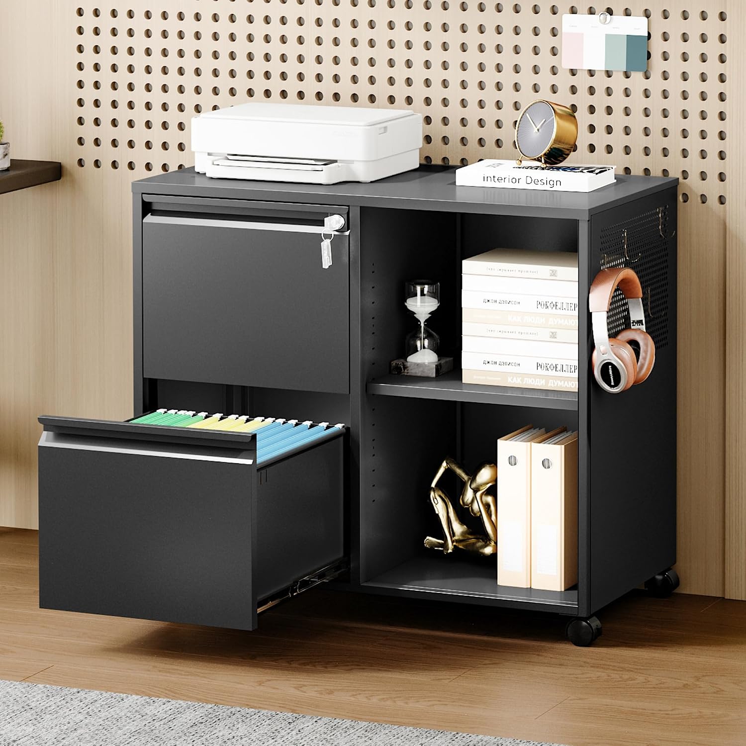 3 Drawer File Cabinet with Lock,Mobile Lateral Filing Cabinet with Side Hook for Letters/Legal/A4, Metal Printer Stand Storage Cabinets with Shelves for Home Office(Black)