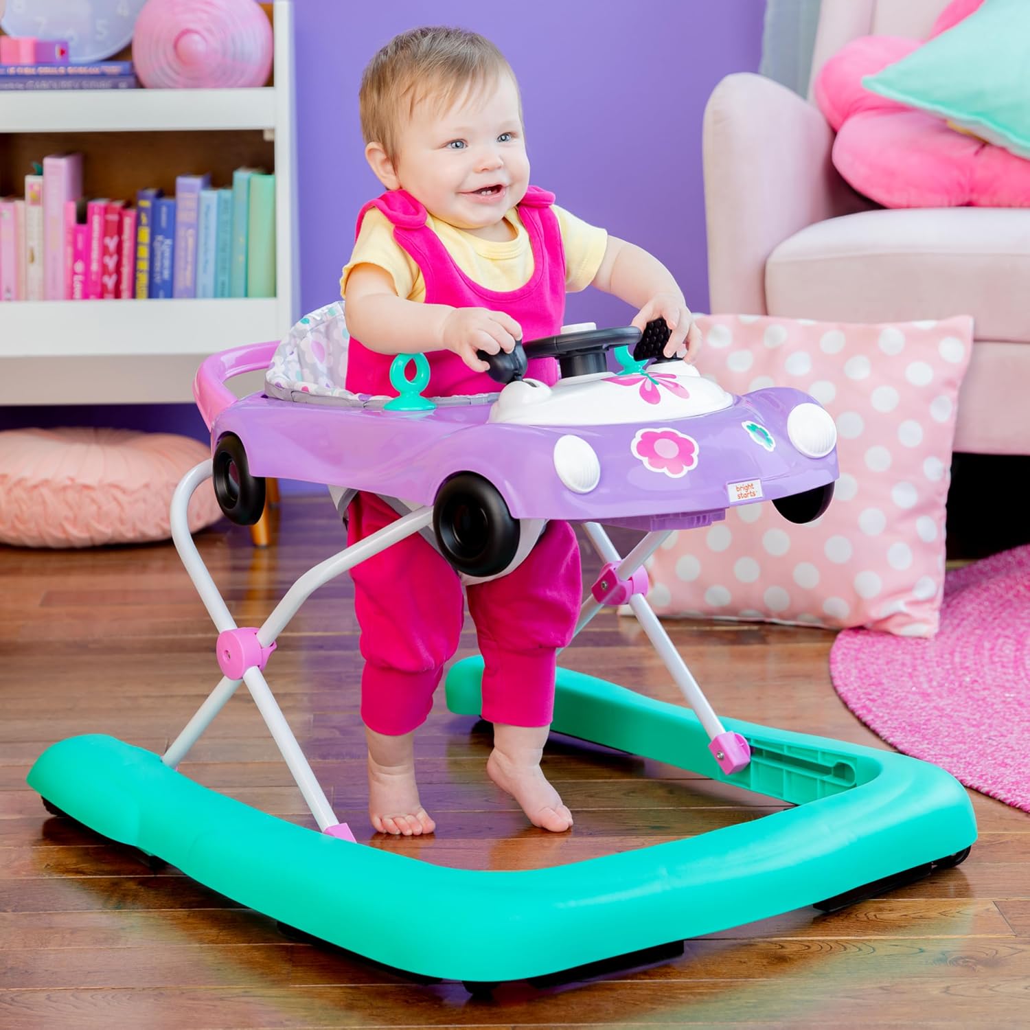 Bright Starts JuneBerry Walk-A-Bout Baby Walker and Entertainer, with Easy Fold Frame for Storage, Ages 6 Months +