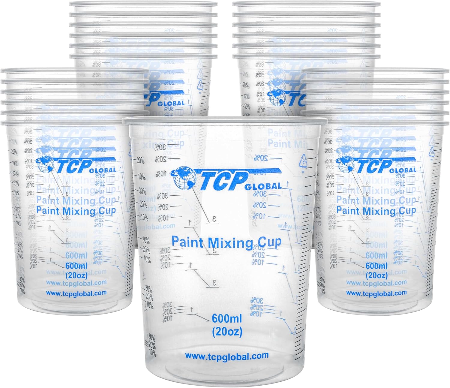 TCP Global 20 oz. (600ml) Graduated Plastic Mixing Cups - Box of 50