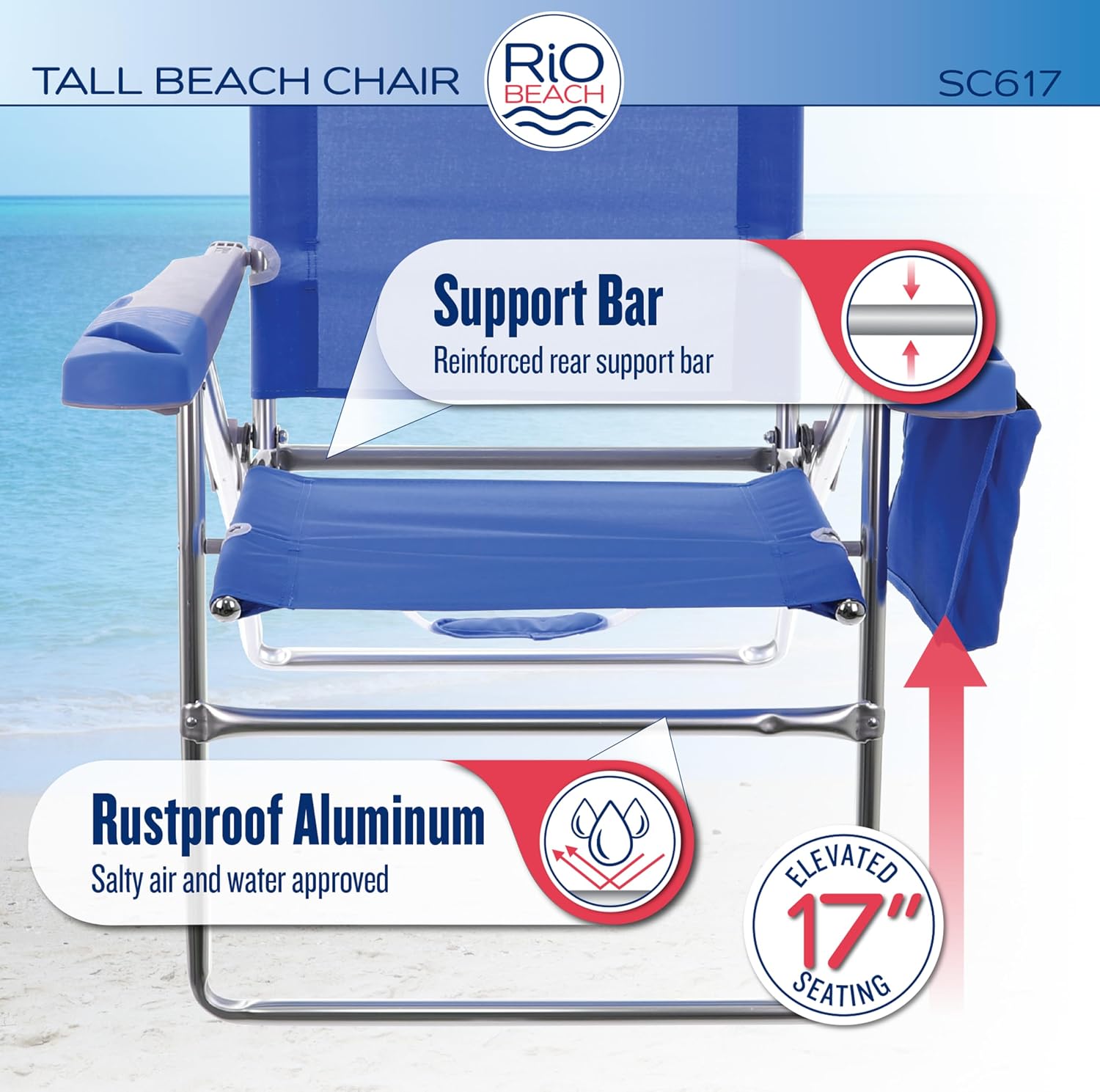 Rio Brands 17" Extended Height 4-Position Folding Beach, Camping, Lawn Chair, Blue/White/Green