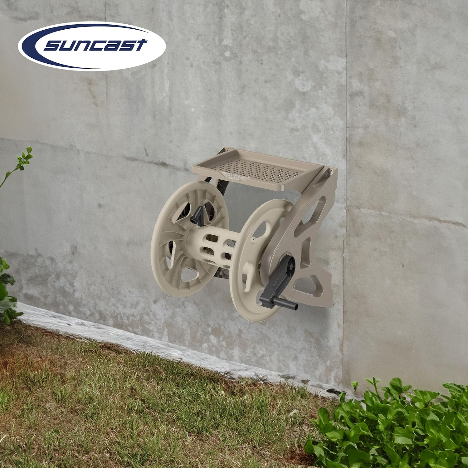 Suncast Handler Durable Hard Plastic Wall Mounted Outdoor Retractable Garden Hose Reel with Storage Tray and 200 Feet Hose Capacity, Taupe