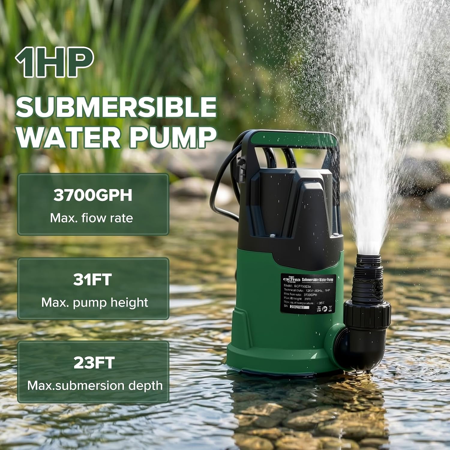 4200GPH 1HP Submersible Sump Pump with Automatic Float Switch | LAZYLAND, Clean Water Pump for Pool, Pond, Garden, Flooded Cellar, Aquarium and Irrigation (Green)
