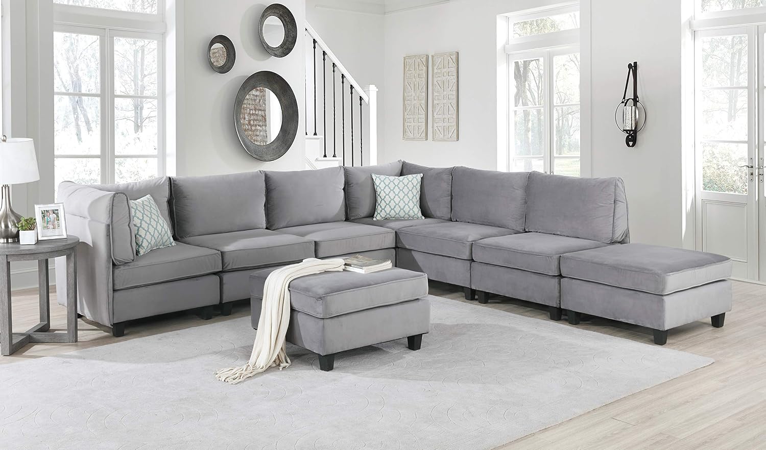 Lilola Home Simona 120-inch Modular Sectional Sofa, Gray Velvet 8-Piece U-Shaped Couch with 2 Ottomans & Accent Pillows