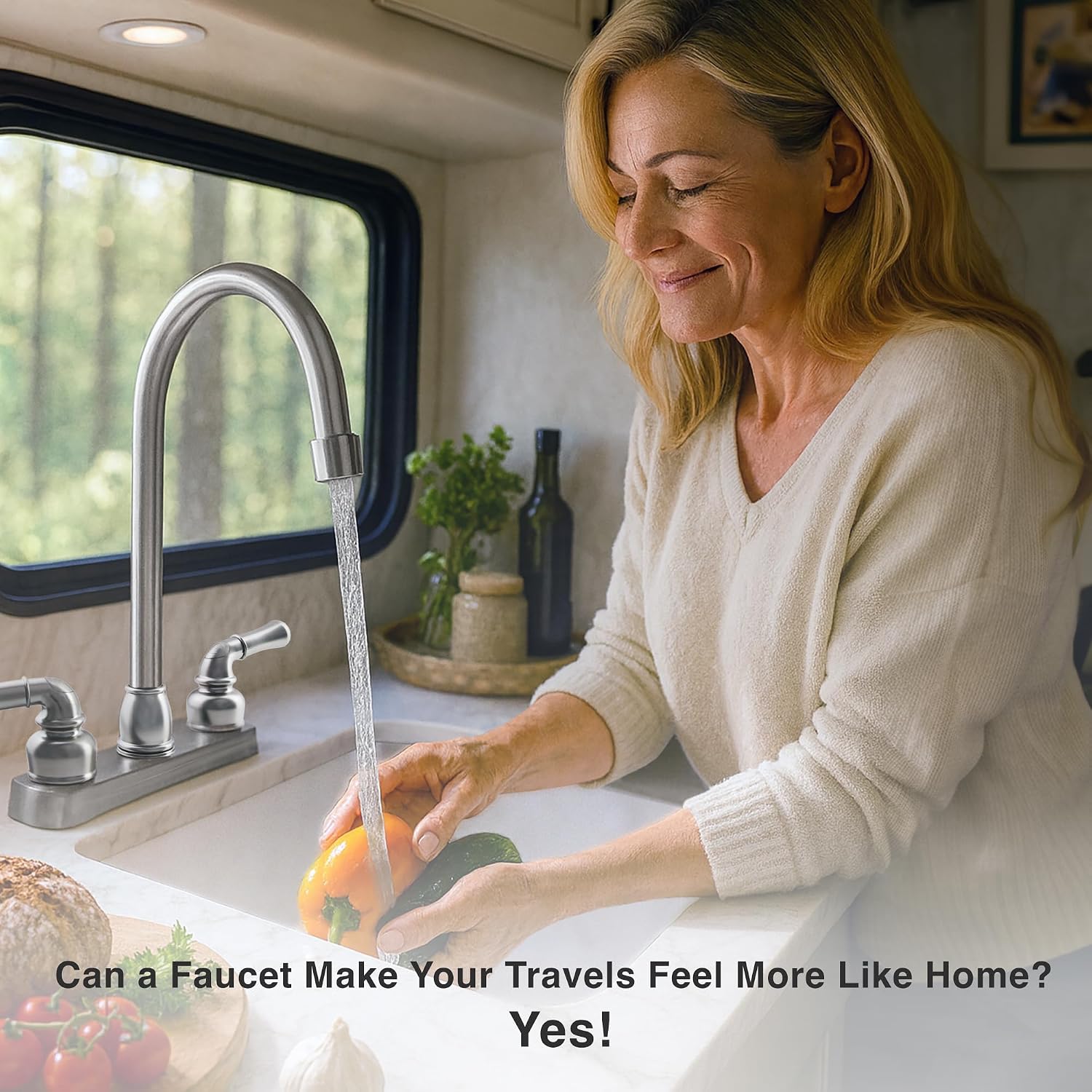 Dura Faucet DF-PK330HC-SN RV J-Spout Kitchen Sink Faucet (Satin Nickel) | Tall spout clears big pots; dual levers fine-tune water flow. Brushed Satin Nickel.