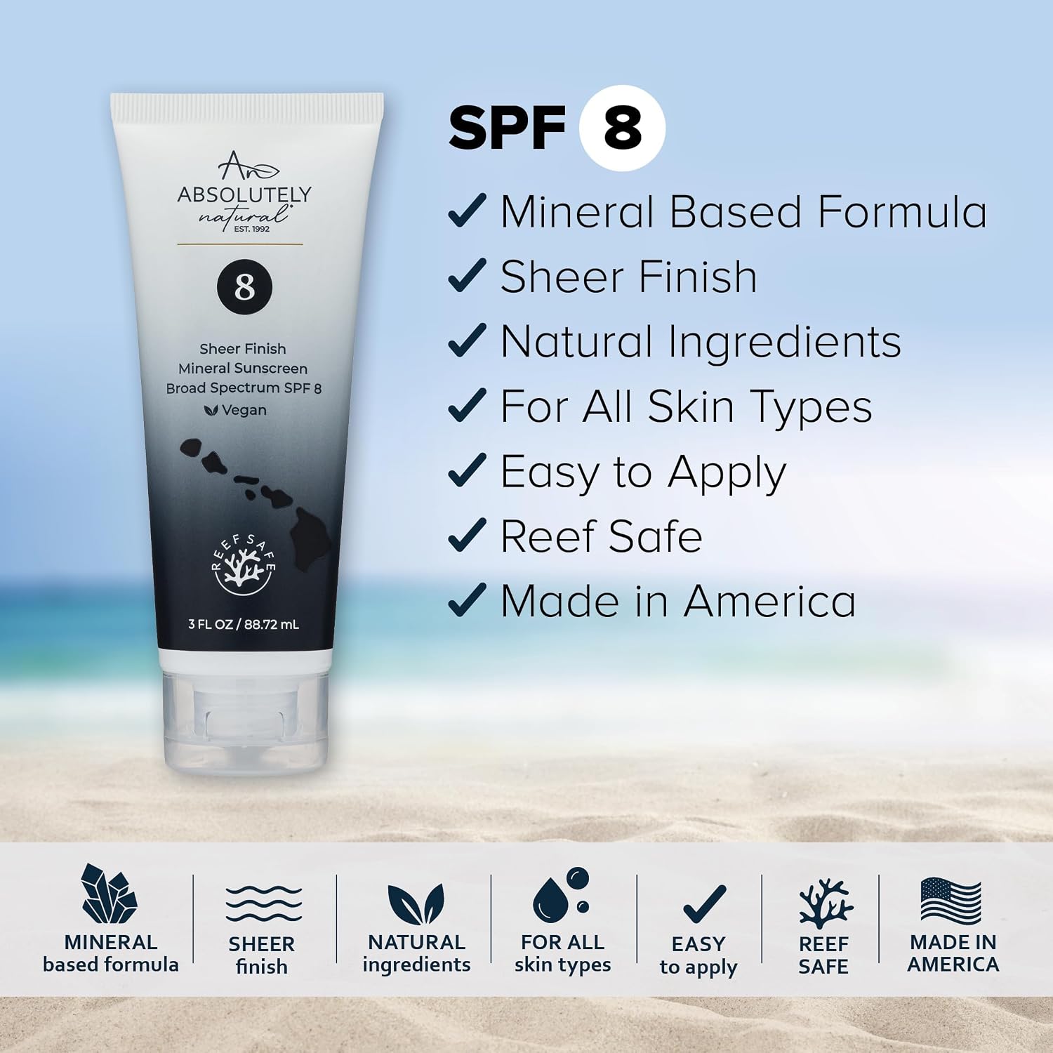 Absolutely Natural - SPF 15 Mineral Sunscreen - Broad Spectrum Water Resistant Moisturizer Lotion For Body & Face - With Non-Nano Zinc Oxide, Vitamin E, & Antioxidants - Made in USA, 3 Oz