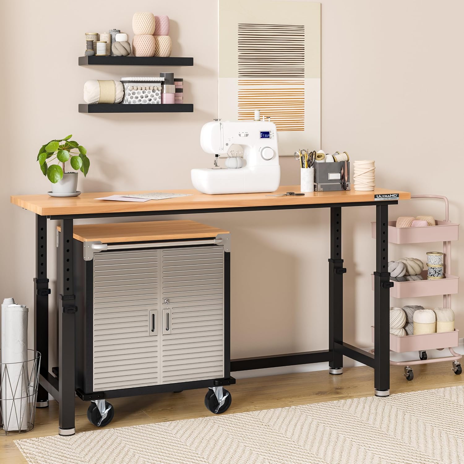 Seville Classics UltraHD Heavy Duty Rolling Cabinet Workbench Table w/Solid Wood Top, Workstation for Garage, Office, Workshop, Granite, 6-Drawer (28" W x 18" D