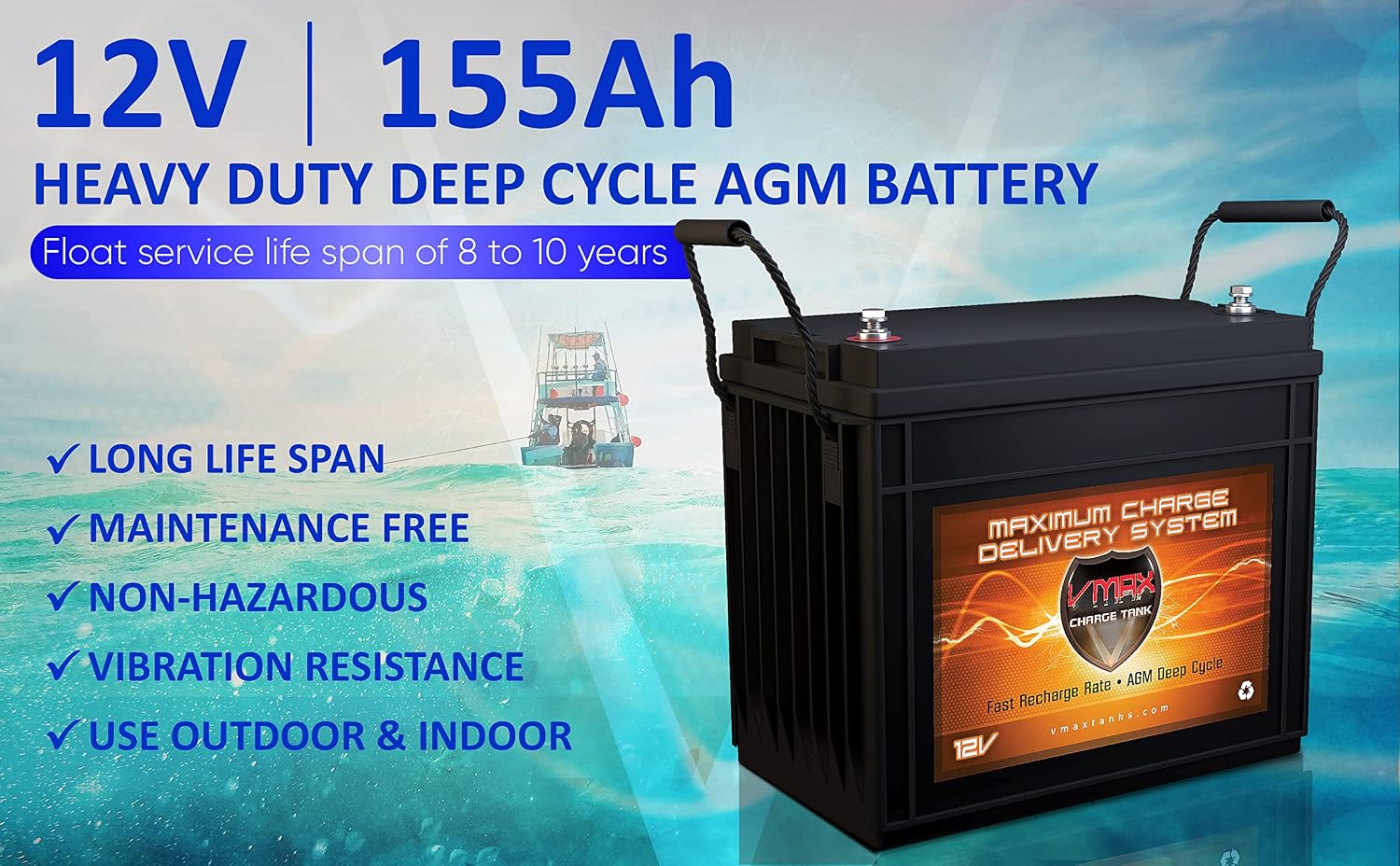 VMAX MR147-155 12V 155Ah AGM Deep Cycle Marine Battery for Minn Kota Endura Max 55 Hand Control 12V 55lb Trolling Motor