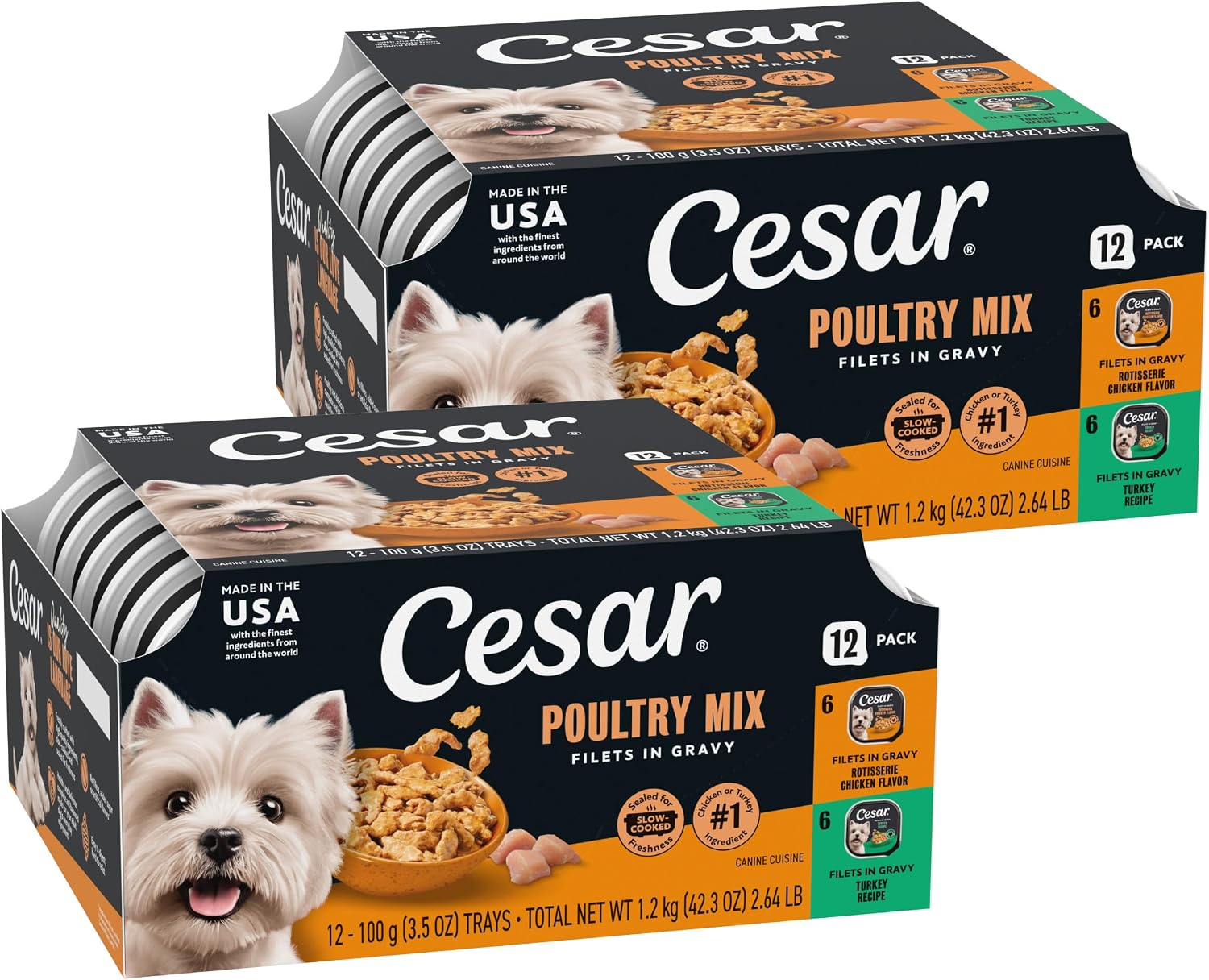 Cesar Filets in Gravy Wet Dog Food, Steak Mix Variety, 3.5 oz, 24 Count | Filet Mignon, New York Strip & Prime Rib, real meat, slow-cooked, no fillers/added sugar/artificial flavors, easy peel trays