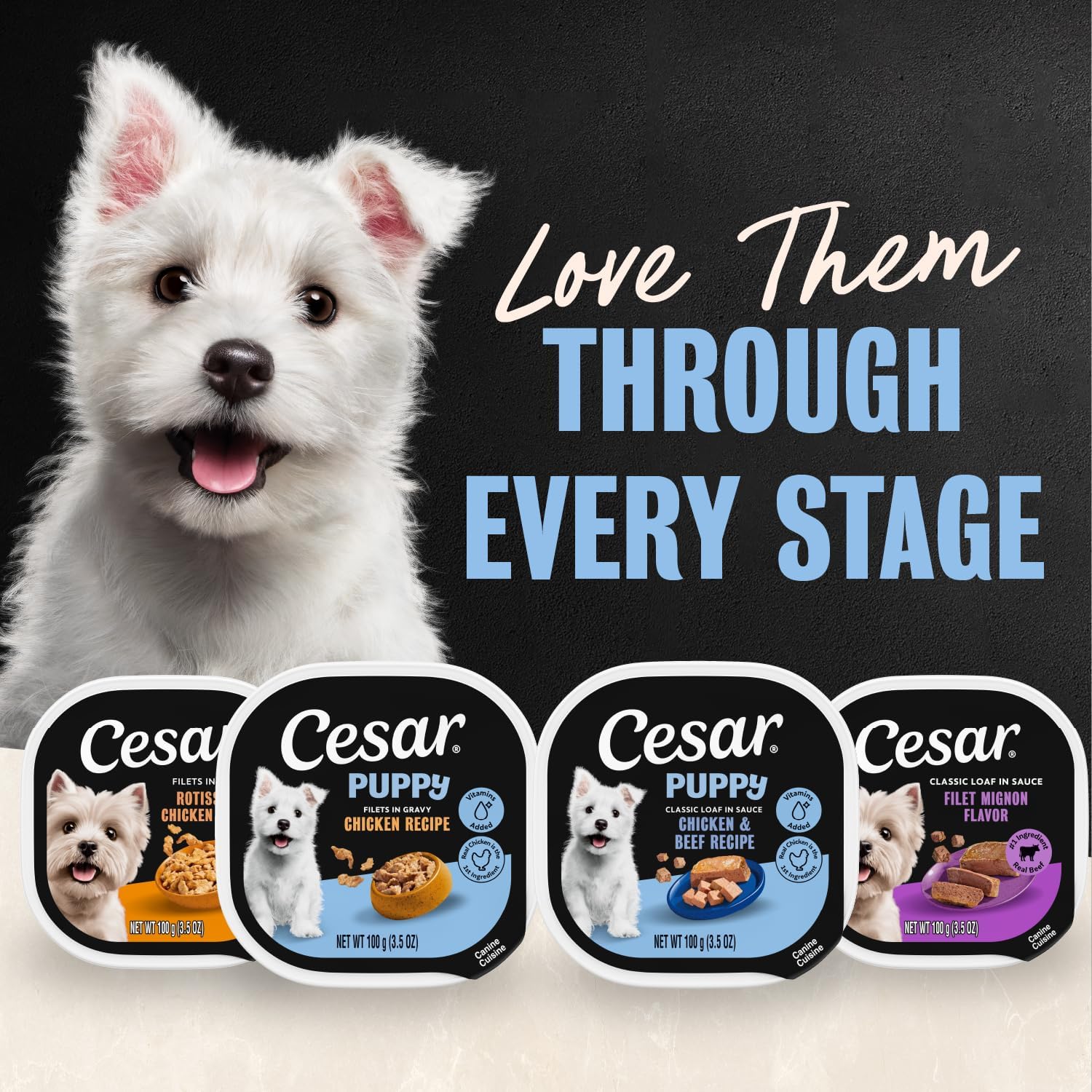 Cesar Puppy Classic Loaf Wet Dog Food, Chicken & Beef, 3.5 oz, 24 Count | Real chicken #1 ingredient, made in USA, no fillers or artificial flavors, essential nutrients, slow-cooked, easy peel trays