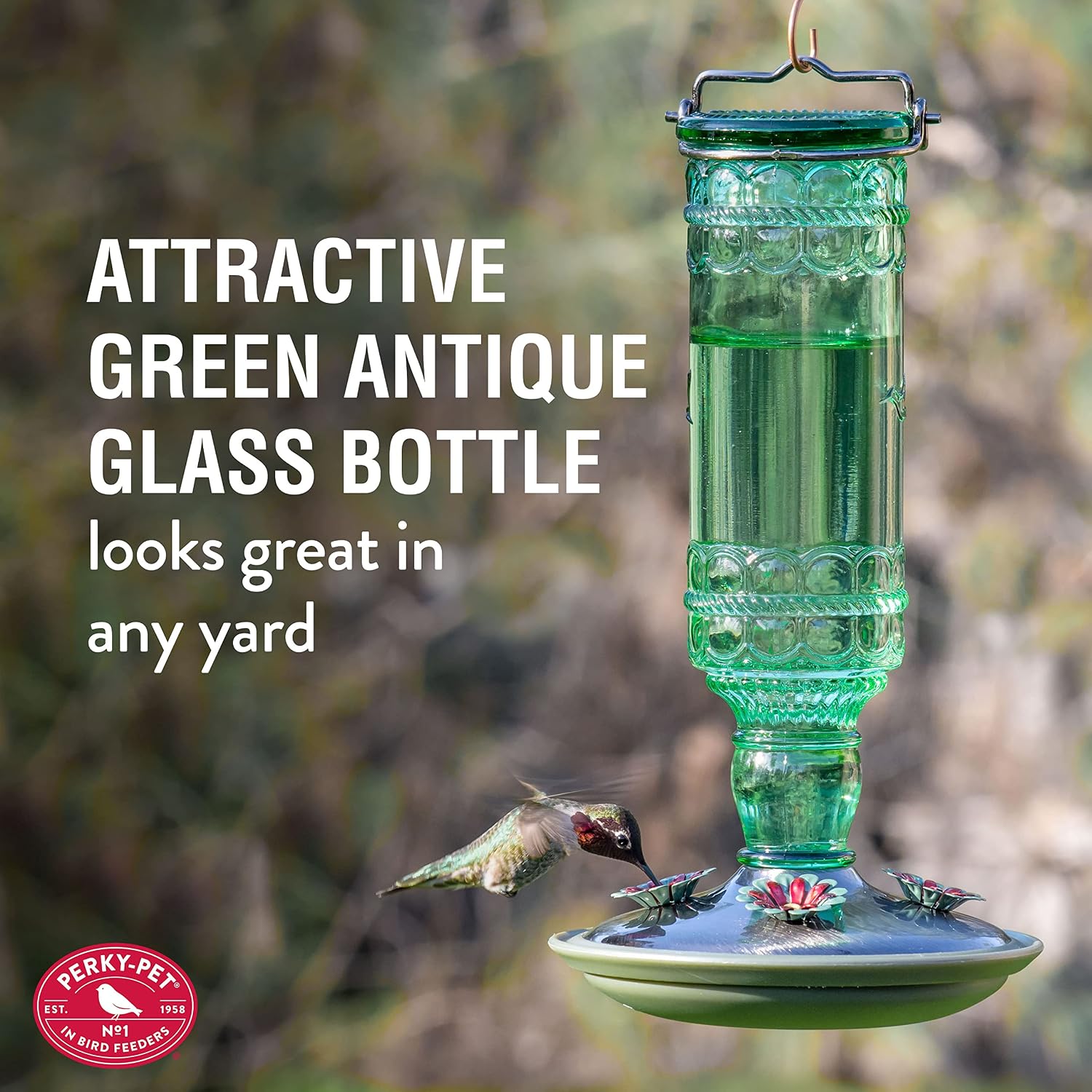 Perky-Pet Antique Glass Bottle Hummingbird Feeder, 10 oz Capacity, Green | 4 Feeding Ports for Outdoors Hanging Bird Feeders, Backyard Garden Décor